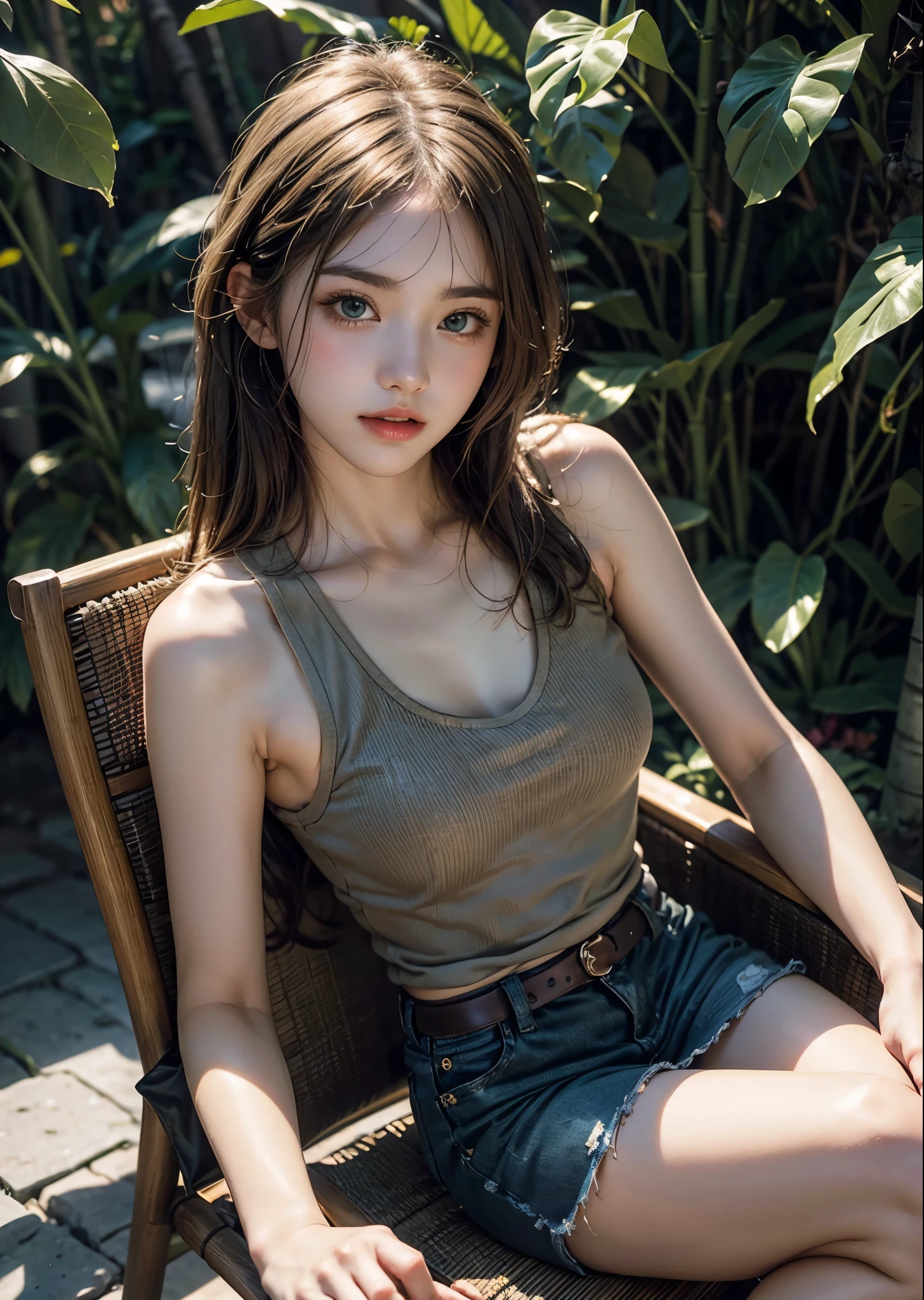 A cute girl wearing an Olive Drab colored tank top、20 year old girl、sitting on a bamboo chair、（big green eyes:1.2）、small breasts、（shiny bronze hair）、tropical plants background、perfect lighting、sharp focus、High definition、high resolution、High color rendering、High resolution、Super realistic、photo realistic 