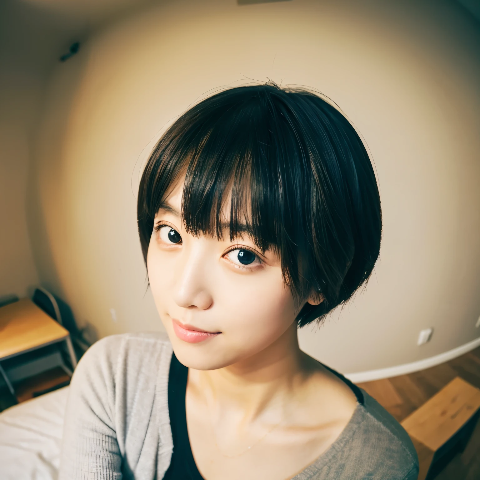 huge beautiful girl、short hair、wide angle lens