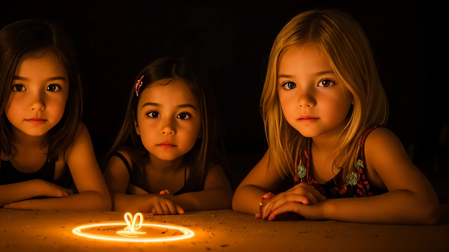 halo de NEON luminoso, there are two CHILDREN GIRLS WITH BLONDE HAIR in front of a ring of fire,