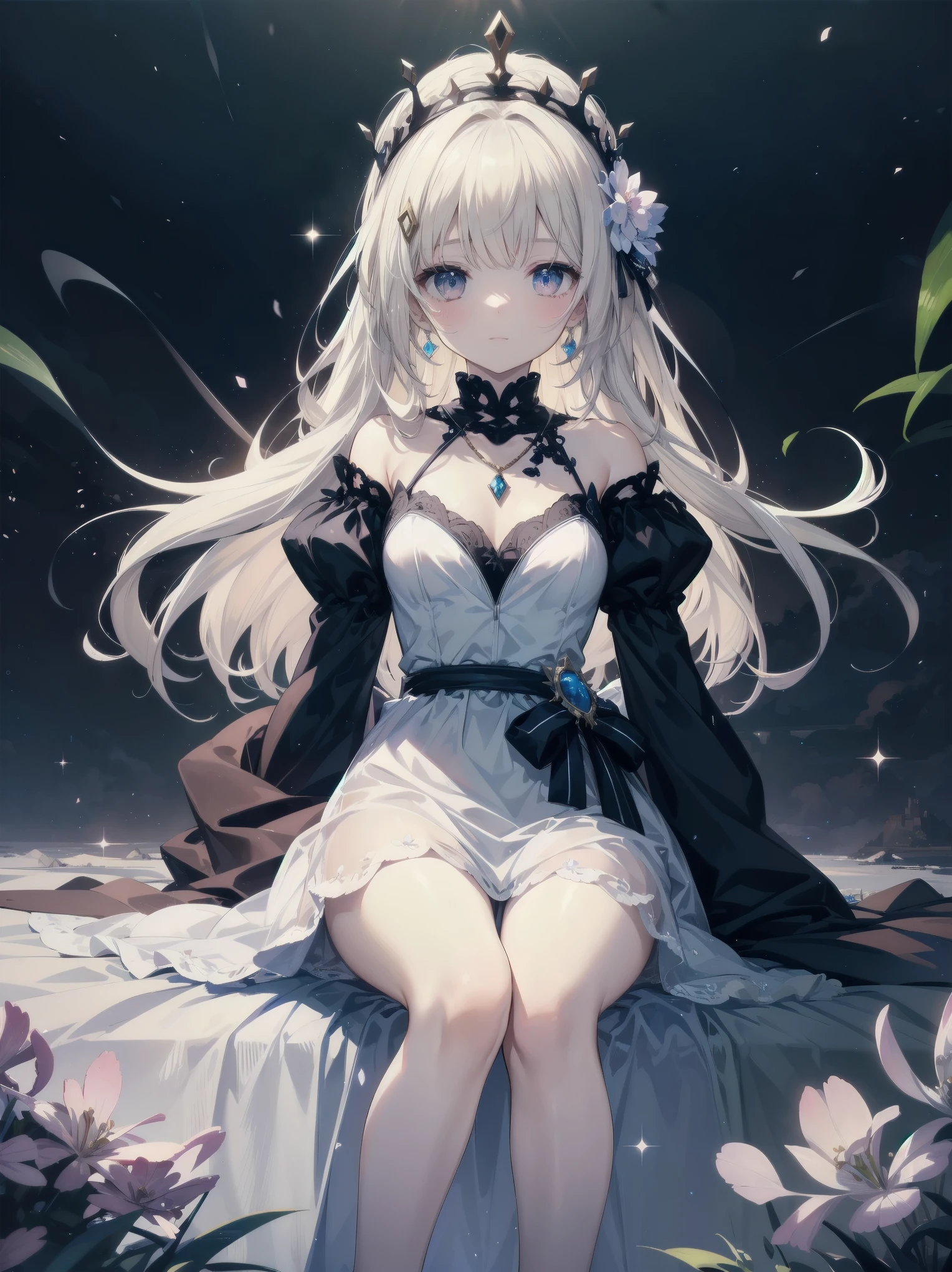 (landscape photo, with a woman in the bottom right of photo:1.5, in white garden:1.5), Masterpiece, best quality, (very detailed CG unity 8k wallpaper), (best quality), High definition RAW color art, Animation,sculptures, (black Marble Skin), (((Ultra detailed elegant))), Magical atmosphere, Detailed skin, Texture,(Intricately detailed, Fine detail, ultra-detail art), depth of fields, bokeh, Silky Touch, Hyper Detail, beautiful eyes, Elegant Face, (sexy profile posing), sparkle background, enormous breast:1.4, (silver hair), pastel purple, witchcraft dress, witchcraft hat:1.1, embarrassing face, ivy, Dramatic Light, smiley, Frills, sunset, cross