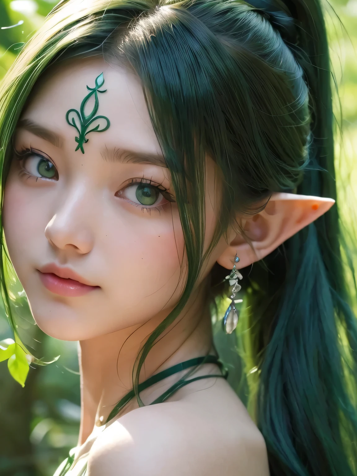 A fascinating and mysterious sorcerer emerges from the depths of a magical forest...., wears elaborate robes woven with intricate mystical symbols. dense tree々々々Soft sunlight shines in, A mysterious appearance that radiates an enchanting shine. 彼女の目は古世generationの知恵と魔法で輝いています, Delicate ivy vines and bright flowers々々々々Intertwined with her flowing hair. in the background, Inhabited by mythical creatures and forest spirits,clavicle、earrings、necklace、emerald green hair、green eyes、 1 girl, delicate eyes, double eyelid,, necklace、close up of face、close up of face、20generation、all green hair、green eyes、close up of face、elf ears、serious expression、Brown headband、random pose、twin tails、ponytail、smile、plant tattoo on neck、Green tattoo、