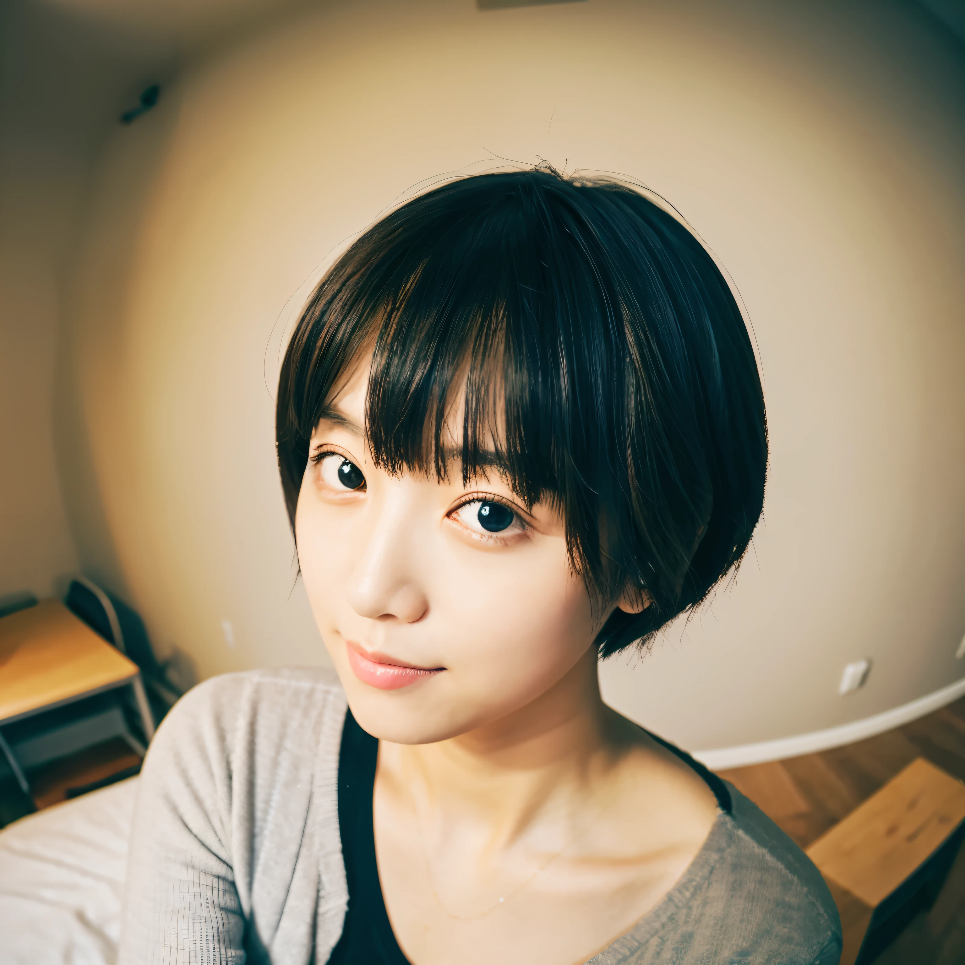 huge beautiful girl、short hair、wide angle lens