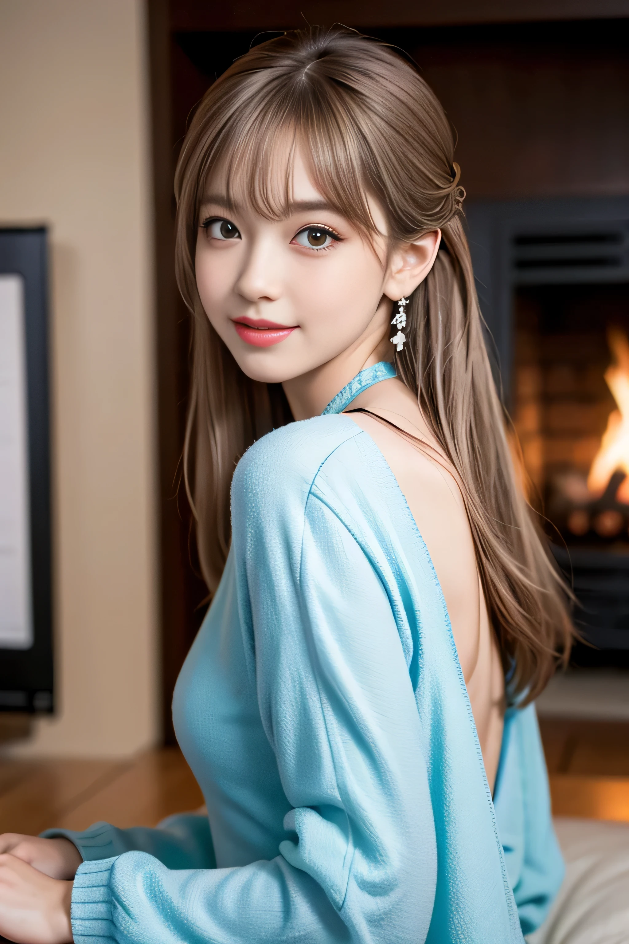 1 girl, silver hair, brown hair, dull bangs, floating hair, long hair, fireplace awning, aqua eye, Shining eyes, long eyelashes, earrings, compensate, smile, parted lips, written boundary depth, first person perspective, from behind, From the side, upside down, f/1.8, 135mm, canon, UHD, retina, masterpiece, Accurate, anatomically correct, rough skin, Super detailed, advanced details, high quality, 最high quality, High resolution, 1080p, hd, 4k, 8K