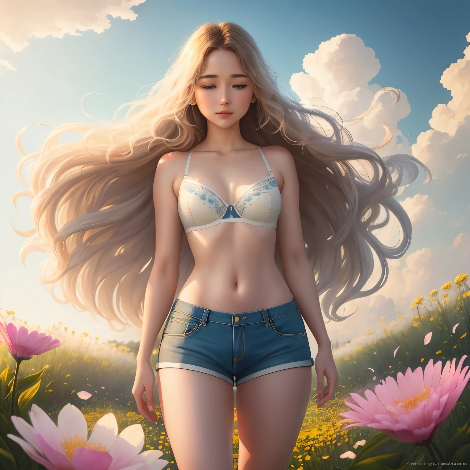 Emily Bloom, standing before a white washing line, the sun casting a golden glow on her toned figure as she dons a simple white bra and matching short shorts. The realism of the scene transports you to a serene outdoor setting, expertly designed graphics inspiring awe and wonder at the intricacy of every detail. Every crease in her shorts, every strand of her long, wavy hair blowing gently in the wind, each dewdrop on the petals of the nearby flowers, is captured in detailed images that showcase nature's beauty with stunning clarity. Artistic depictions seamlessly blend reality and imagination, allowing the precision of each rendering to challenge your perception of what is real and what is mere