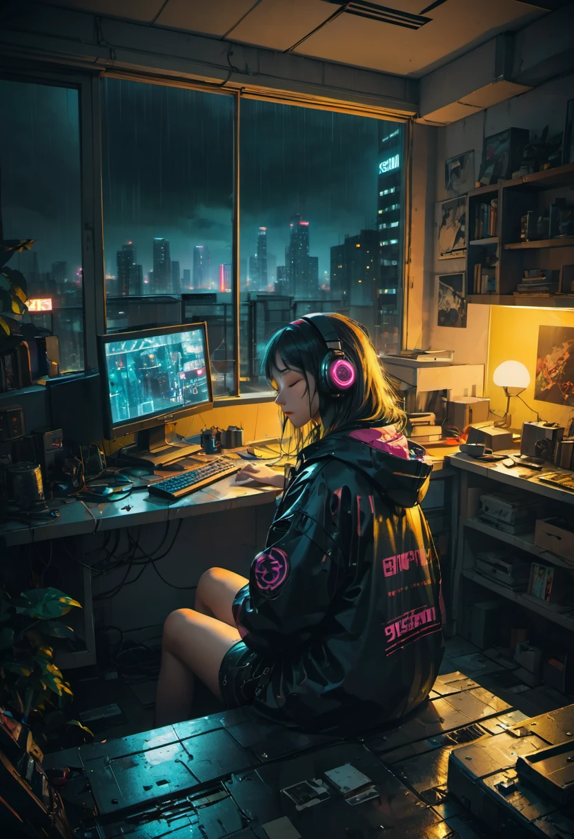comic art style, anime realism, girl, closed eyes with tear, headphones, cyberpunk style, (( poorly lit apartment )), window with view on nightcity, outside rainly, neon, (best quality, perfect masterpiece, Representative work, official art, Professional, high details, Ultra intricate detailed:1.3)