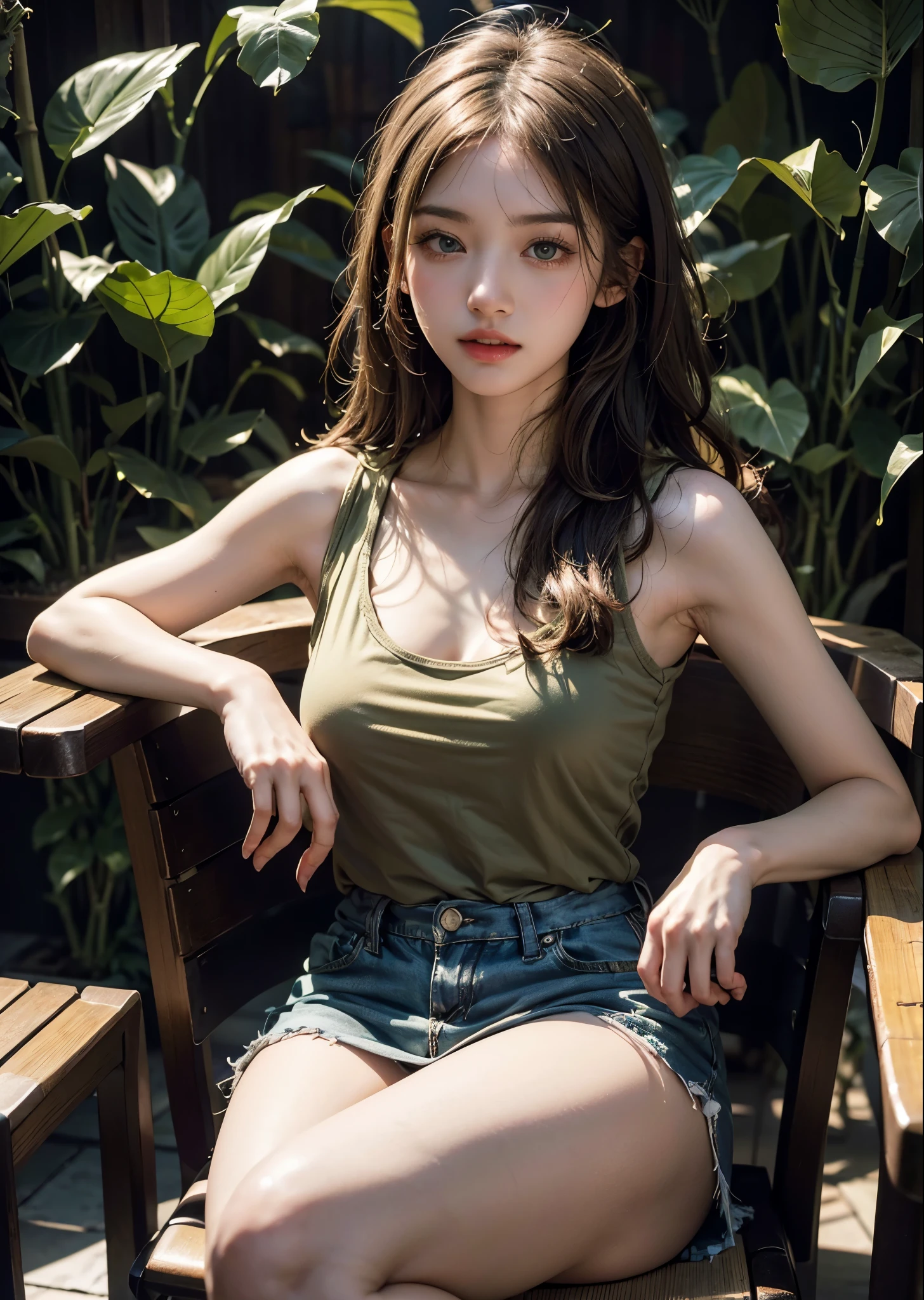 A cute girl wearing an Olive Drab colored tank top、20 year old girl、sitting on a bamboo chair、（big green eyes:1.2）、small breasts、（shiny bronze hair）、tropical plants background、perfect lighting、sharp focus、High definition、high resolution、High color rendering、High resolution、Super realistic、photo realistic 
