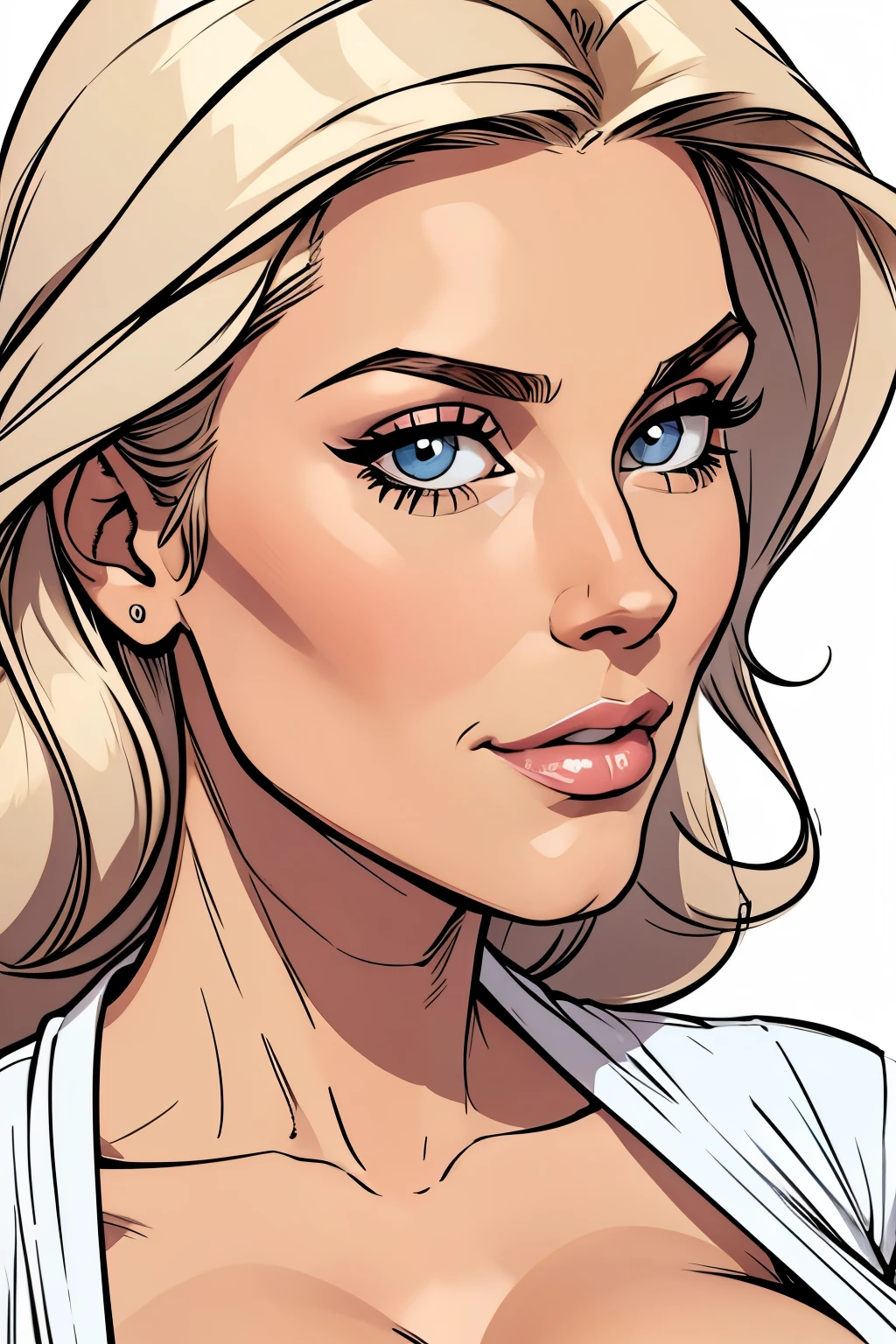 Flat colors, close up, portrait of a sexy stepmom, milf, highly detailed, casual, Cleavage simply white background