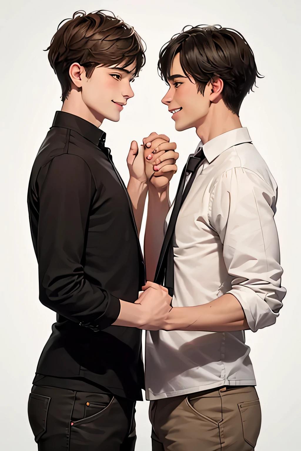 ((best quality)), ((masterpiece)), (detailed), perfect face cute gay couple two boys holding hands looking at each other’s and smiling height difference