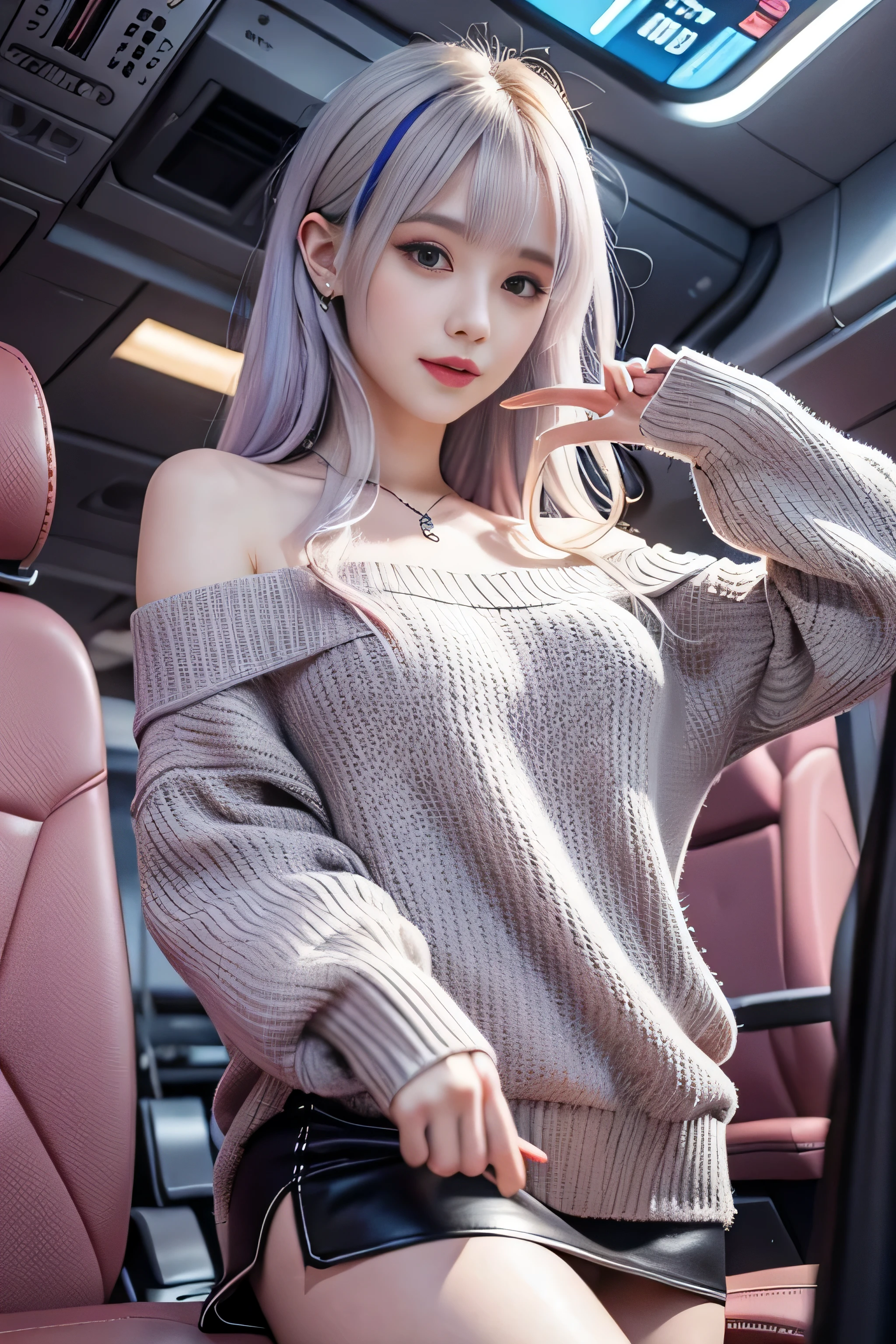(Woman standing in passenger plane cabin)1 girl, Silver hair, striated hair, Bangs, Blunt bangs, Long hair, Pink hair, aqua eyes, longeyelashes, Purple eyes, makeup, Smile, Parted lips, Realism, Verism, surrealism, depth of fields, One-person viewpoint, F/1.8, 135 mm, canon, nffsw, retinas, masutepiece, ccurate, Anatomically correct, Textured skin, Super Detail, high details, High quality, Best Quality, hight resolution, 1080p, hard disk, 4K, 8K, (Coarse short sweater)Floats off the shoulders、off shoulders、Black tight skirt、