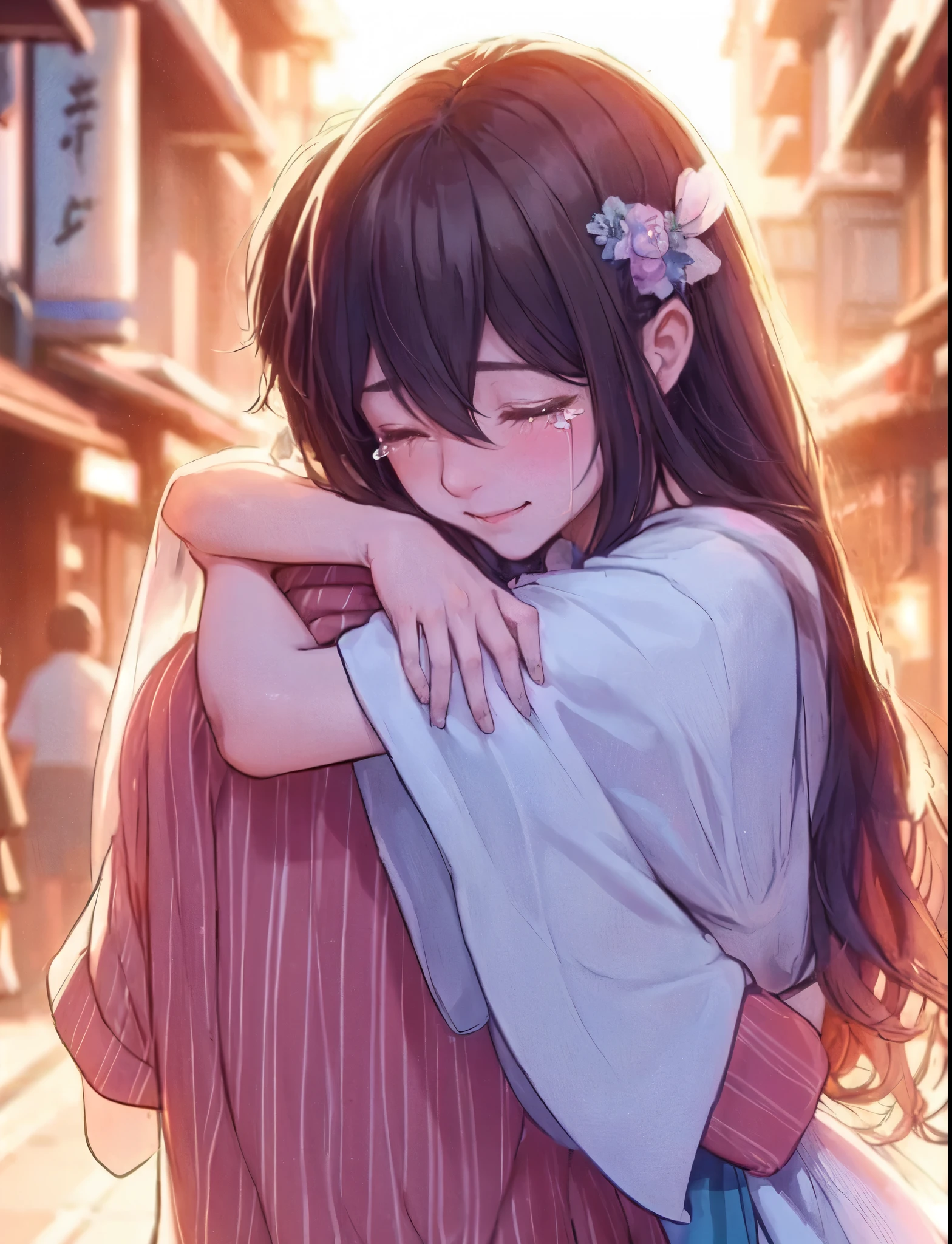 1lady hugging a person, (wrapping arm around back), (stylish outfit), mature female, /(black hair/), blush happy smile (eyes lightly closed:1.1), ((quiet tears:1.1) of joy) (tears on cheek) white line, (masterpiece best quality:1.2) delicate illustration ultra-detailed BREAK (back of person), (back of head) BREAK /(ordinary street/) outdoors, cityscape, at dusk, detailed background