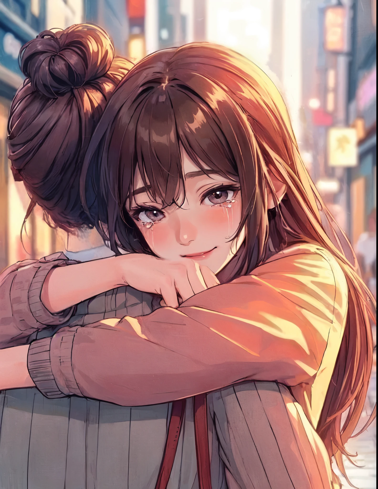 1lady hugging a person, (wrapping arm around back), (stylish outfit), mature female, /(brown hair/), blush happy smile, ((quiet tears:1.1) of joy) (white line of tears on cheek), (moist eyes), (masterpiece best quality:1.2) delicate illustration ultra-detailed BREAK (back of person), (back of head) BREAK /(ordinary street/) outdoors, cityscape, at dusk, detailed background