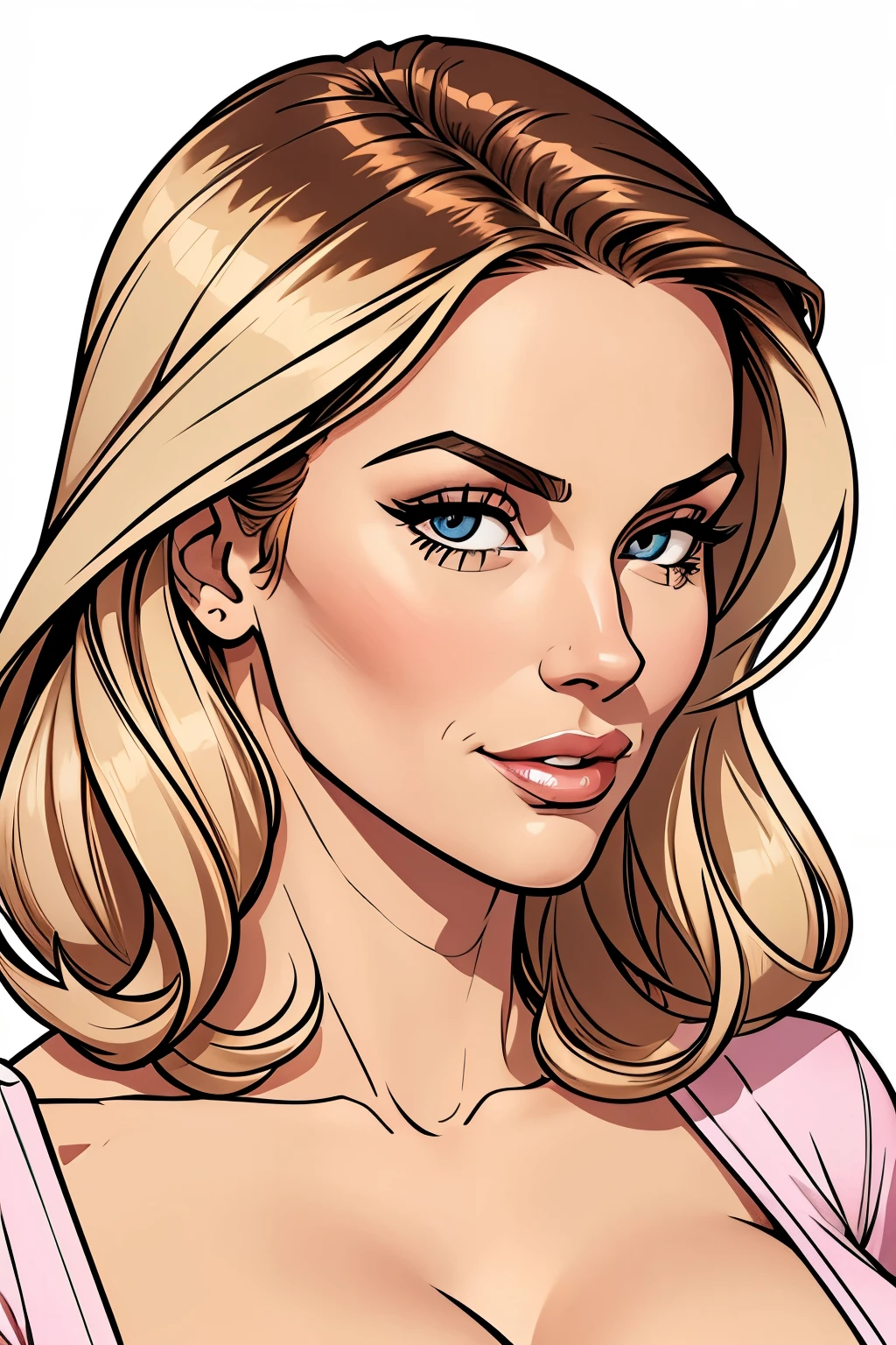 Flat colors, close up, portrait of a sexy stepmom, milf, highly detailed, casual, Cleavage simply white background 