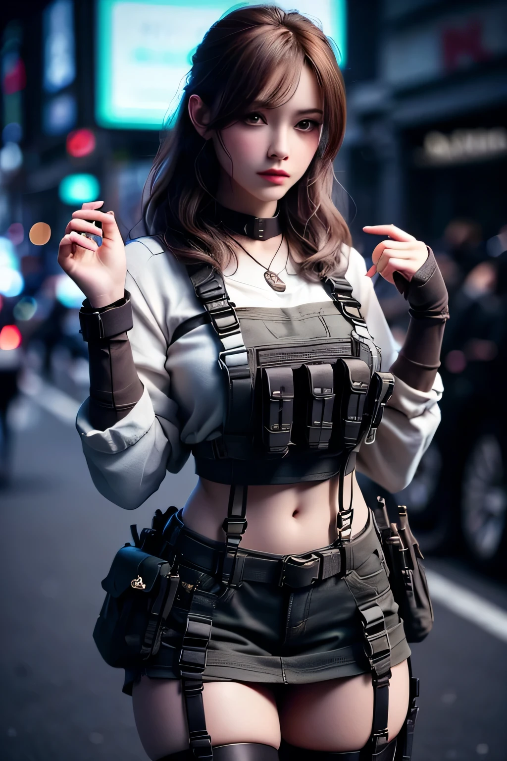 masterpiece, ultra-fine photos, top-quality, Photorealistic, sharp focus, Brown hair, watching at viewers, standing, black suspenders, Black skirt, white shirt, garter belt, Gaze, knee high socks, holster, Beautiful Women, Hands up. black boots, flank, put your hands behind your back, TOKYO of cyberpunk, 2080s, night scene, Beautiful Neon Lights, street, vibrant colors, feminine yet authoritative, attention to facial features and makeup, depth of field, A scene from a movie, cinematic lighting, cinematic shadows