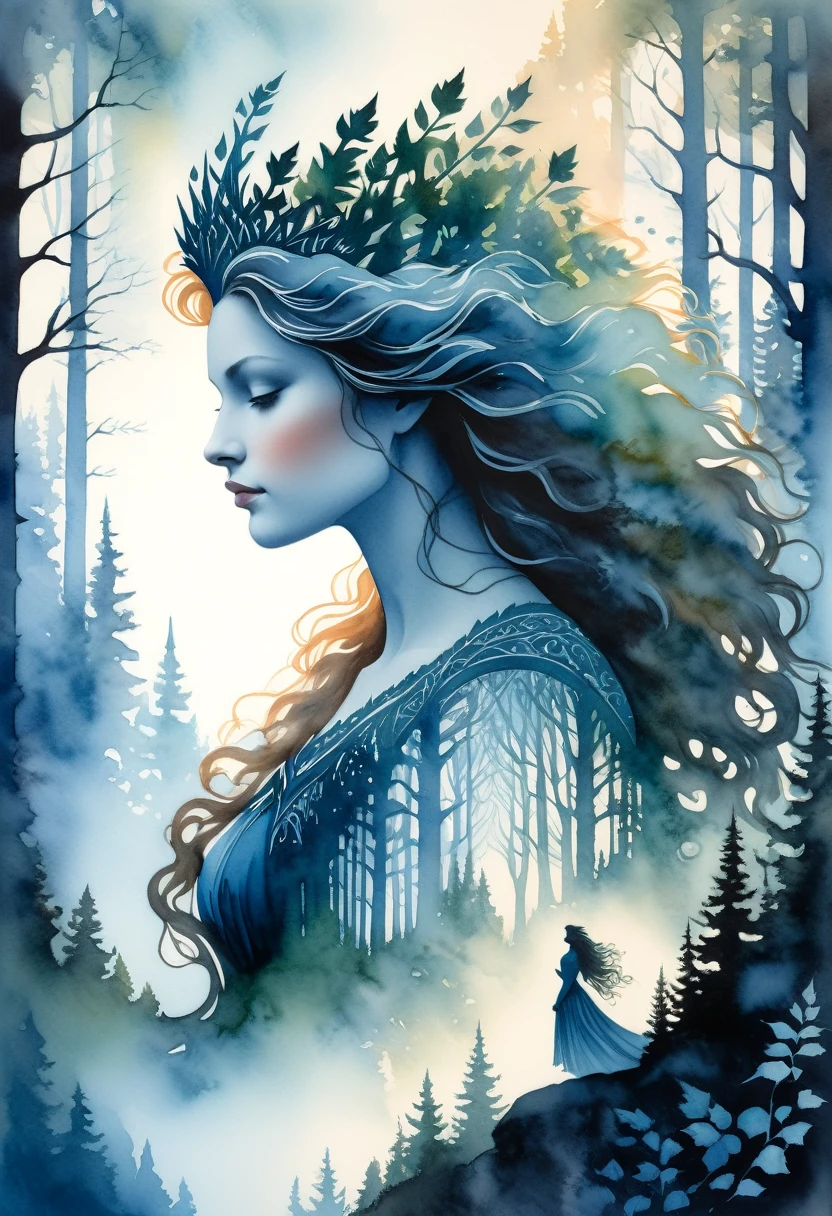 Watercolor silhouette of a Nordic queen's profile, interior brimming with an intricate forest scene, queen's long wavy hair flowing gracefully, all set against a monochromatic background, lines sharply defined with a double exposure effect, evoking the styles of Jean Baptiste Monge, Thomas Kinkade, David Palumbo, and Carn Griffiths, forest illuminated as if by a dappled sunlight effect, natural light, ultra fine, octane rendering.