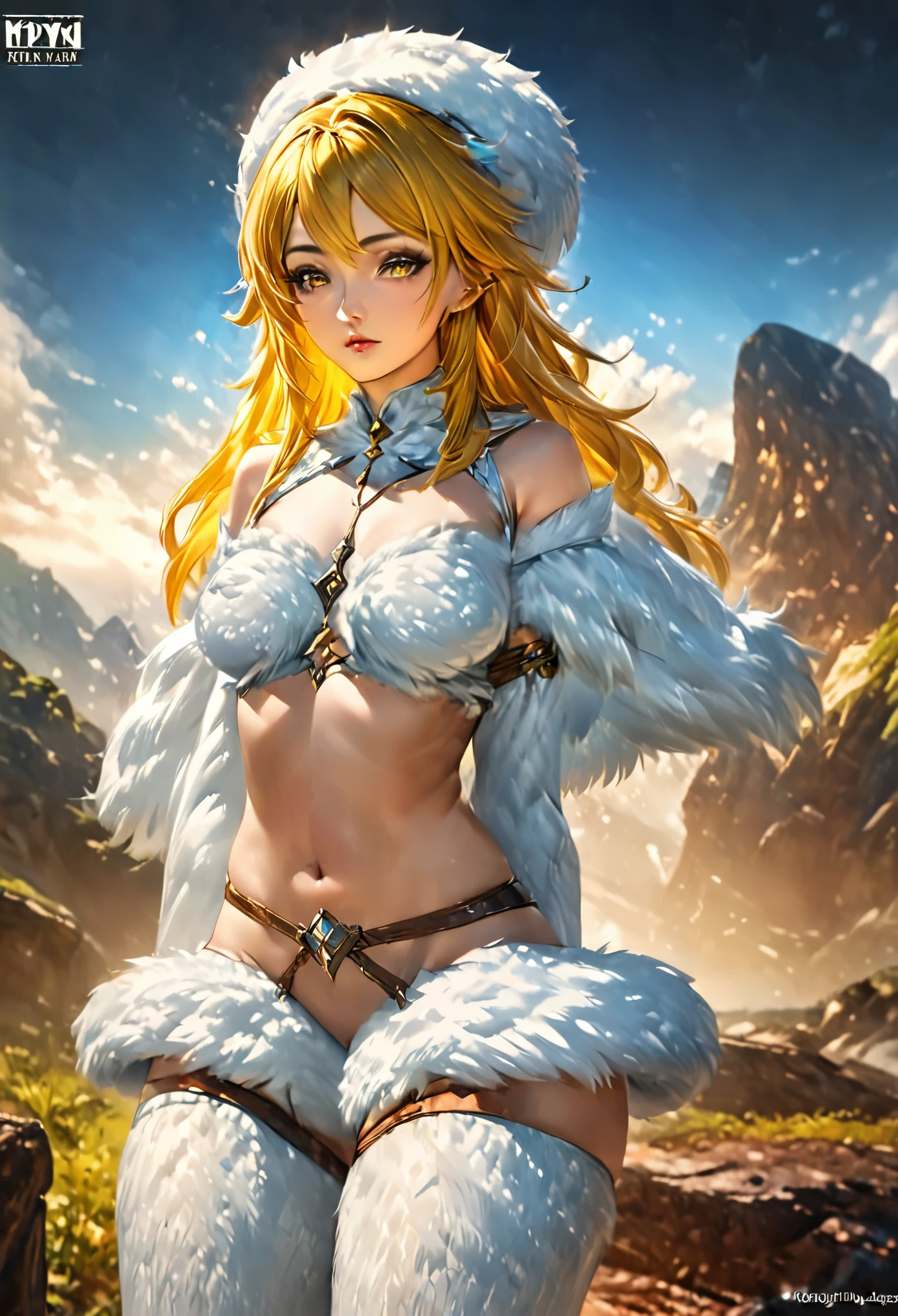 Young woman with yellow hair in fluffy outfit and fluffy hat, Fantasy character art, Awesome character art, Epic fantasy character art, HD fantasy art, Epic exquisite character art, Realistic fantasy artwork, Fantasy woman, Epic fantasy art style HD, Fantasy character, Digital fantasy art), Fantasy style art, Detailed fantasy art, High quality Fantasy Art, Fantasy Outfit, Digital 2D Fantasy Art