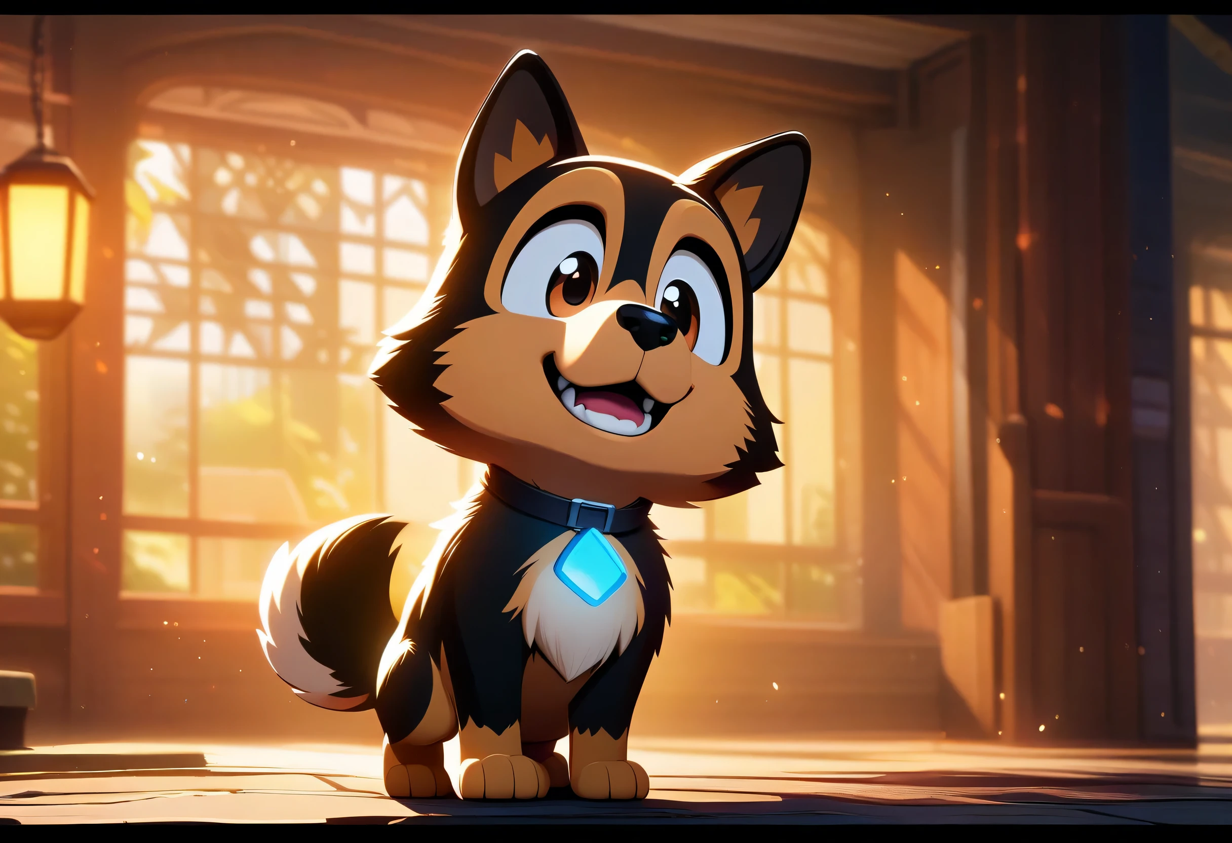 in Pixar animation style, Disney Dog, anime, Cute, chibi, Soft lighting, long fur, Female, light brown and black