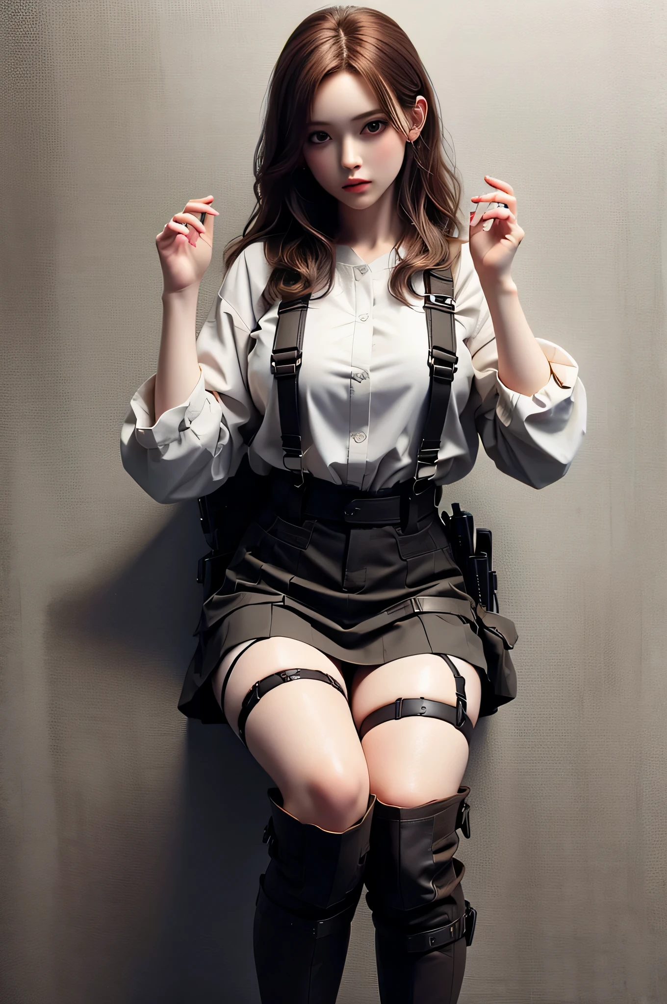 Brown hair, watching at viewers, black suspenders, Black skirt, white shirt, garter belt, Gaze, knee high socks, holster, Beautiful Women, Hands up. black boots, flank, put your hands behind your back, at night, city in the background