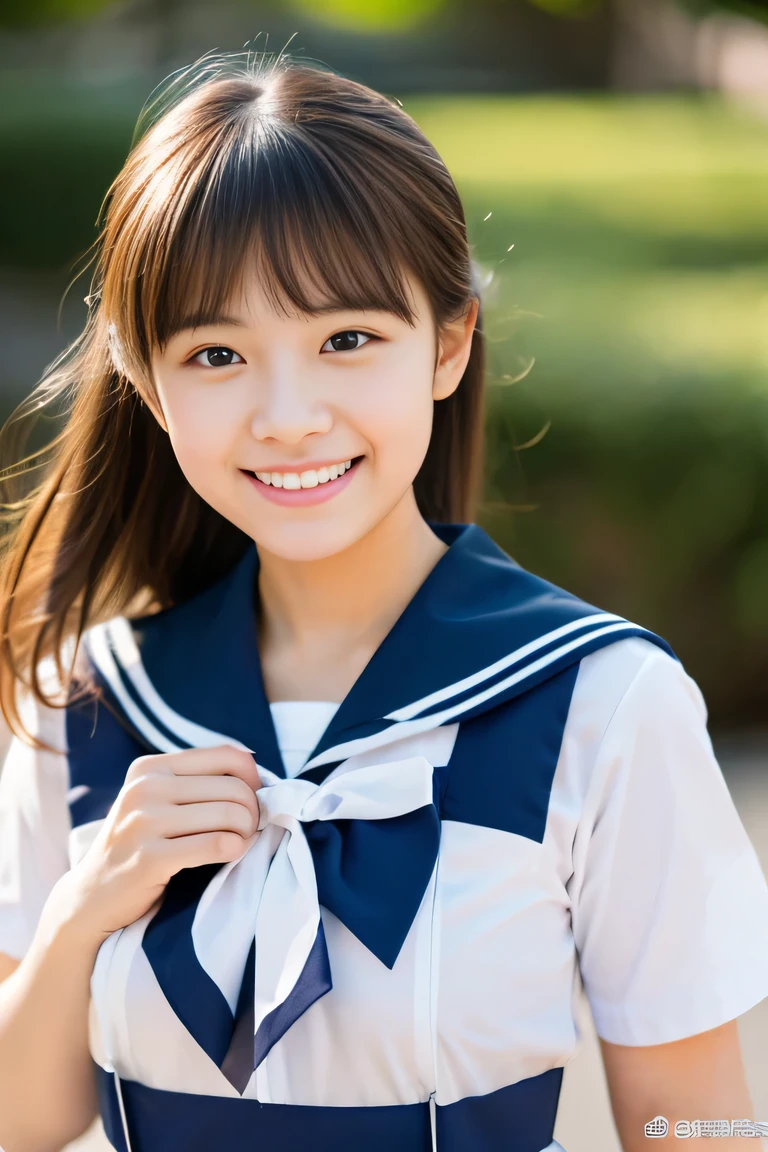 the chest of the shirt is wide open, embarrassed , 1girl, cute, 18 years old, smiling, look at viewer, sailor uniform, seifuku, photo, realistic, best quality, hires, detailed face, classroom, detailed background, diffused lighting, depth of field, bokeh, , portrait, , ( masterpiece), accurate, anatomically correct, f/1.8, 90mm, Fujifilm GFX 50R, raw photo, regina display, super detail, high details, high quality, best quality, highres, UHD, 1080p HD, 4K, 8K, beauty,