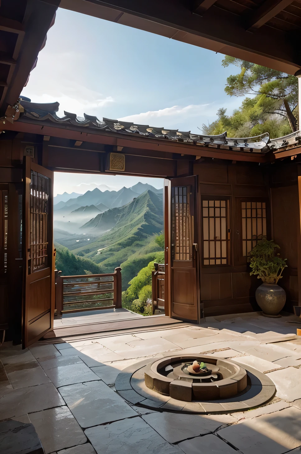The main feature of this picture is a huge Bagua diagram,Mountain view in the background, Rivers and Taoist Temples。Bagua picture in the middle,The balance between yin and yang, The sea and sky in black and white are clear and vivid.。The two shapes in the picture,Represents Yin and Yang,they rotate in and out,form a perfect circle,mutual attraction and repulsion,Show world harmony。
Behind the Bagua Picture,The landscapes and Taoist temples are picturesque and poetic。Outline mountains and greenery,gurgling water,and all Taoist temples depicted,As mysterious and quiet as a temple in the morning light。Taoist temple located on the mountainside,structure luminescence,The meaning is rich。it blends in with the surrounding nature,Both。
The overall tone of this illustration is simple and gentle,Even color distribution,It creates an atmosphere of tranquility and mystery。Skillful brushwork depicts the detail and natural beauty of the scene,Make the whole scene full of life。