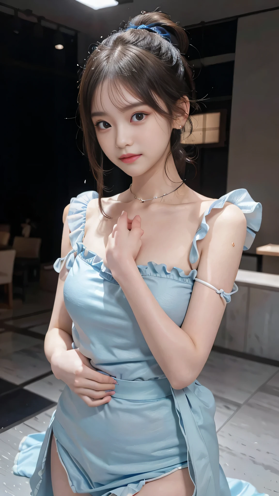 one woman,full body photo,table top, best image quality, high quality, The background is clear,Beautiful woman, Japanese, be familiar with, be familiar with eyes, be familiar with skin, beautiful skin, 超High resolution, (reality: 1.4),very beautiful woman, a little young face, beautiful skin, thin, (ultra photoreal sim), (High resolution), (8K), (非常にbe familiar with) (beautiful detailed eyes), (超be familiar with), (be familiar with face), view viewer, small details, be familiar with face, look straight ahead, look straight ahead, reality的な写真, bright lighting, professional lighting, black hair,ponytail,a baby face,15 years old,髪型はponytailです,ロングponytailの髪型,slight smile,neatly organized clothes,Beautiful Japanese KPOP idol photo, ヘアスタイルはponytailです, my eyes are double and wide, baby face, smile and look straight ahead, thin, small breasts,close your face,Long blue dress with lots of frills, soft shaped skirt, stand on stage, moderately exposed skin, blue ribbon on head,Don'don't show your skin,She is wearing a long skirt with lots of frills..、アイドルとしてstand on stage