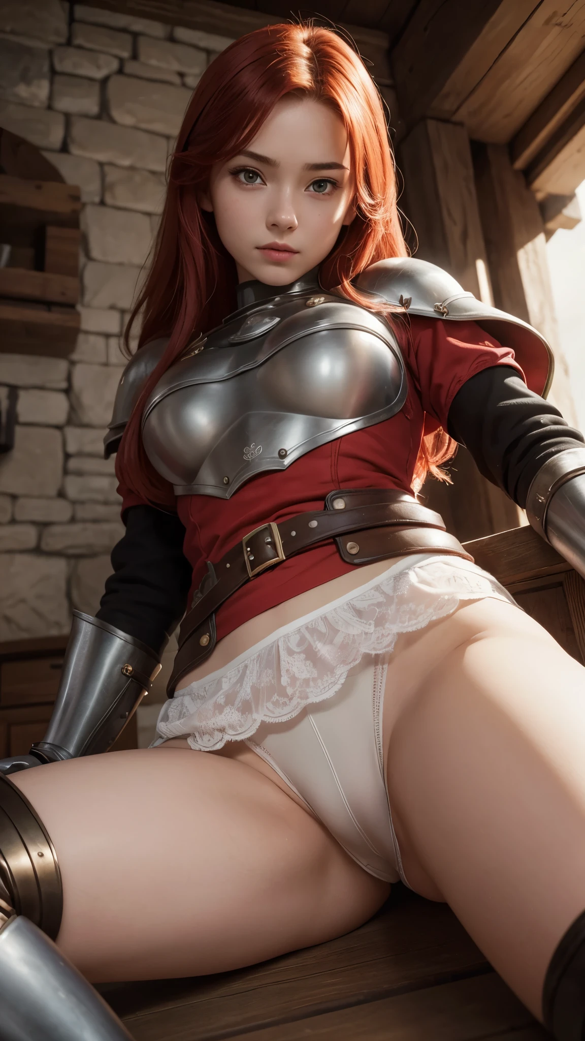 red-haired warrior girl, young girl, 18 years old, pretty girl, pretty face, slim body, slender legs, sitting, spread your legs, front, plate armor, steel breastplate, steel gauntlets, steel gloves, (short red skirt), her panties are showing, (upskirt), tight panties, tiny panties, visible panties, (white panties), you can see her panties, underwear, ((cameltoe) ), medieval fantasy, Dungeons and dragons, RPG character, best quality, (masterpiece), 8k