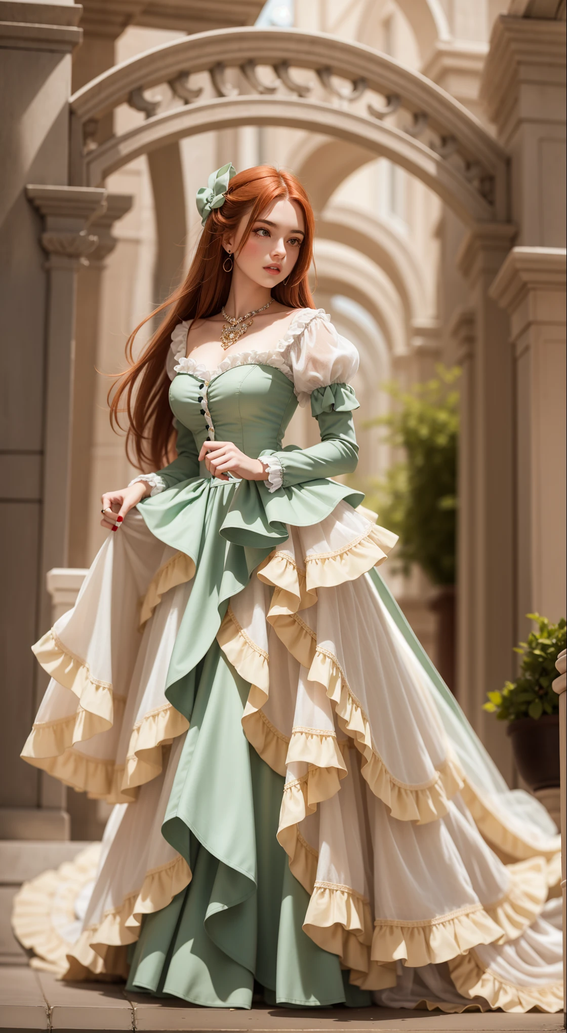 beautiful young woman, European view (A European view), (((redheads))) Beautiful thick hair ((brown-haired)), (green) eyes,  in an intricate, romantic Victorian outfit