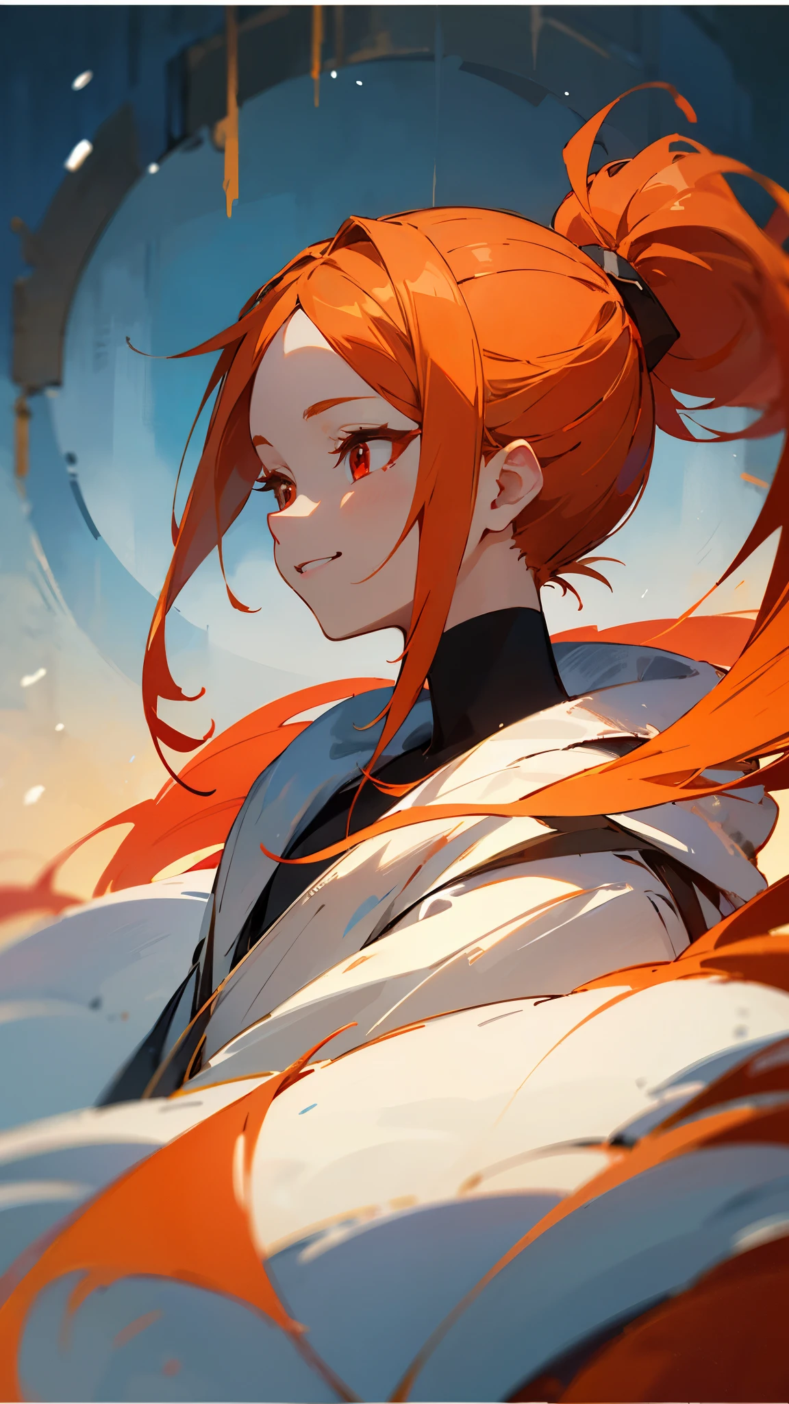 1 girl、anime painting、orange hair、ponytail、round red eyes、evil smile、From the side、upper body close-up、winter