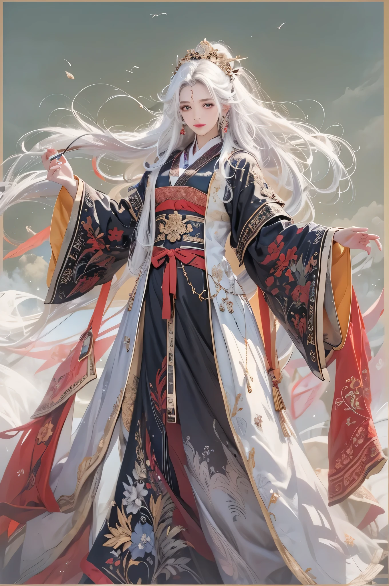 lifelike, High resolution, 1 female, alone, Hips raised, look at the audience, (Detailed face), white hair, long hair, Taoist robe,oversized clothes, jewelry, midway portrait