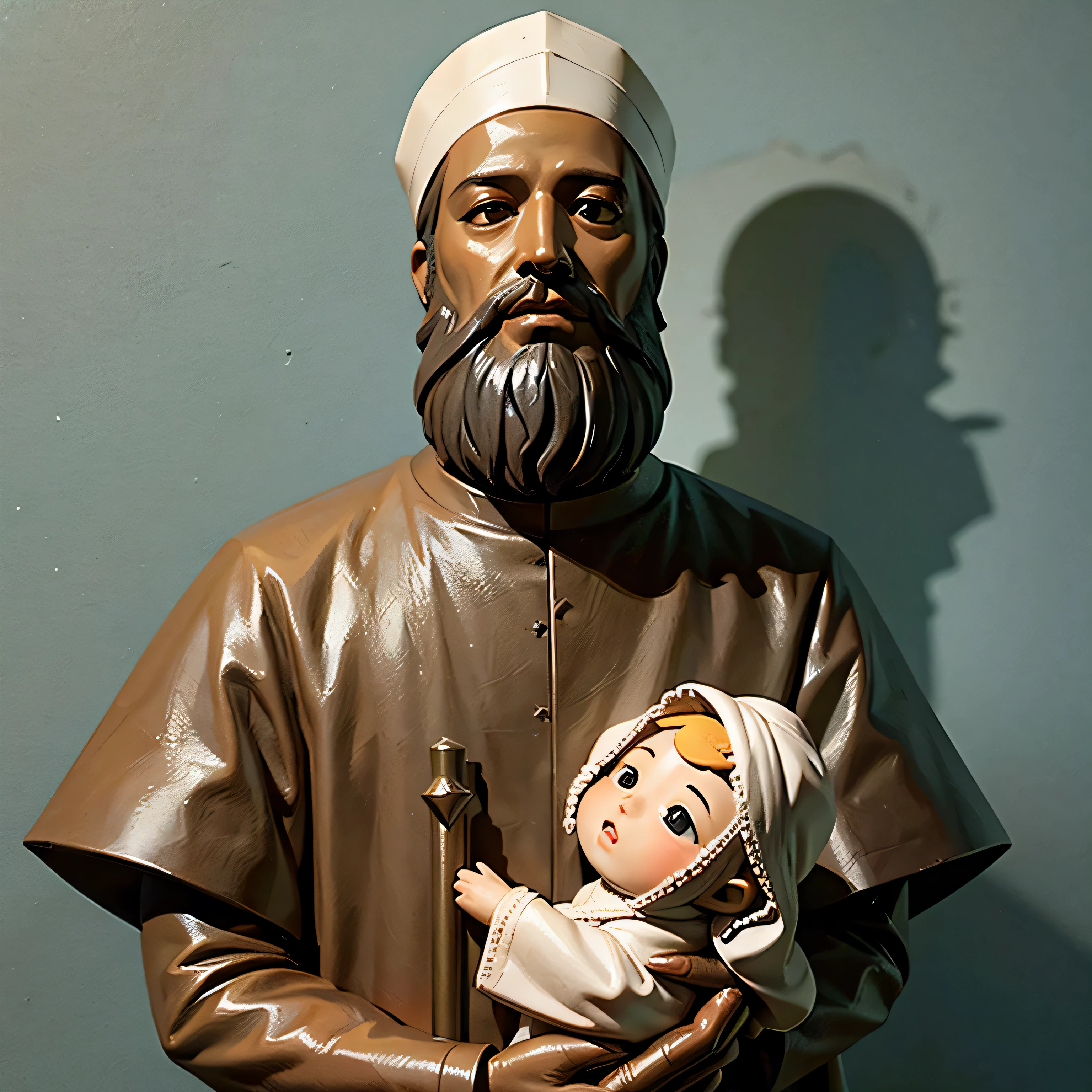 statue of bearded saint joseph, na frente de uma parede branca, carrying baby Jesus in her arms