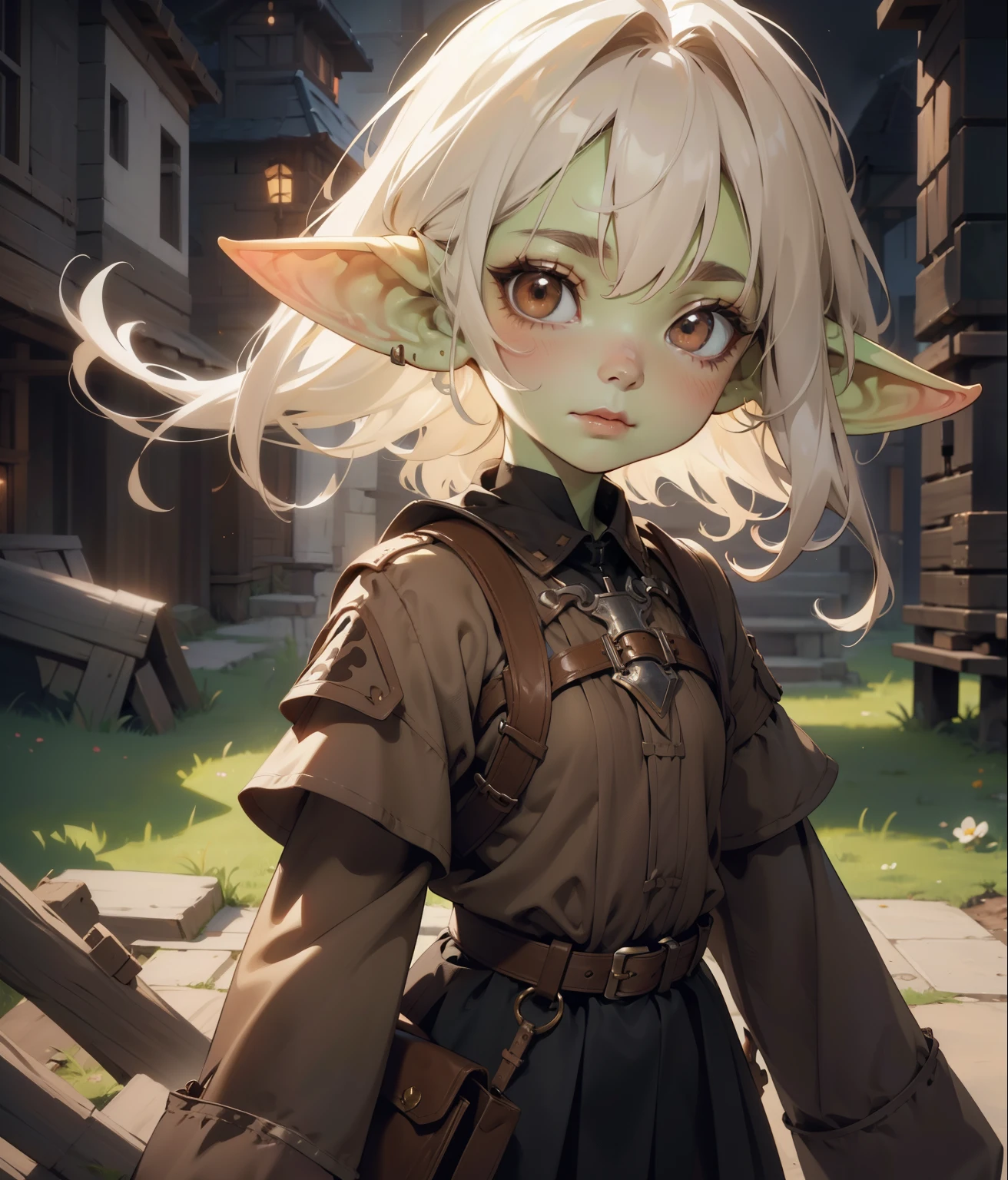 beautiful illustration, best quality, cute goblin girl, fractal art, albino, face, medium pure brown and black mesh hair, beautiful detailed brown eyes, cinematic lighting, cowboy shot, looking at viewer, from bottom, happy