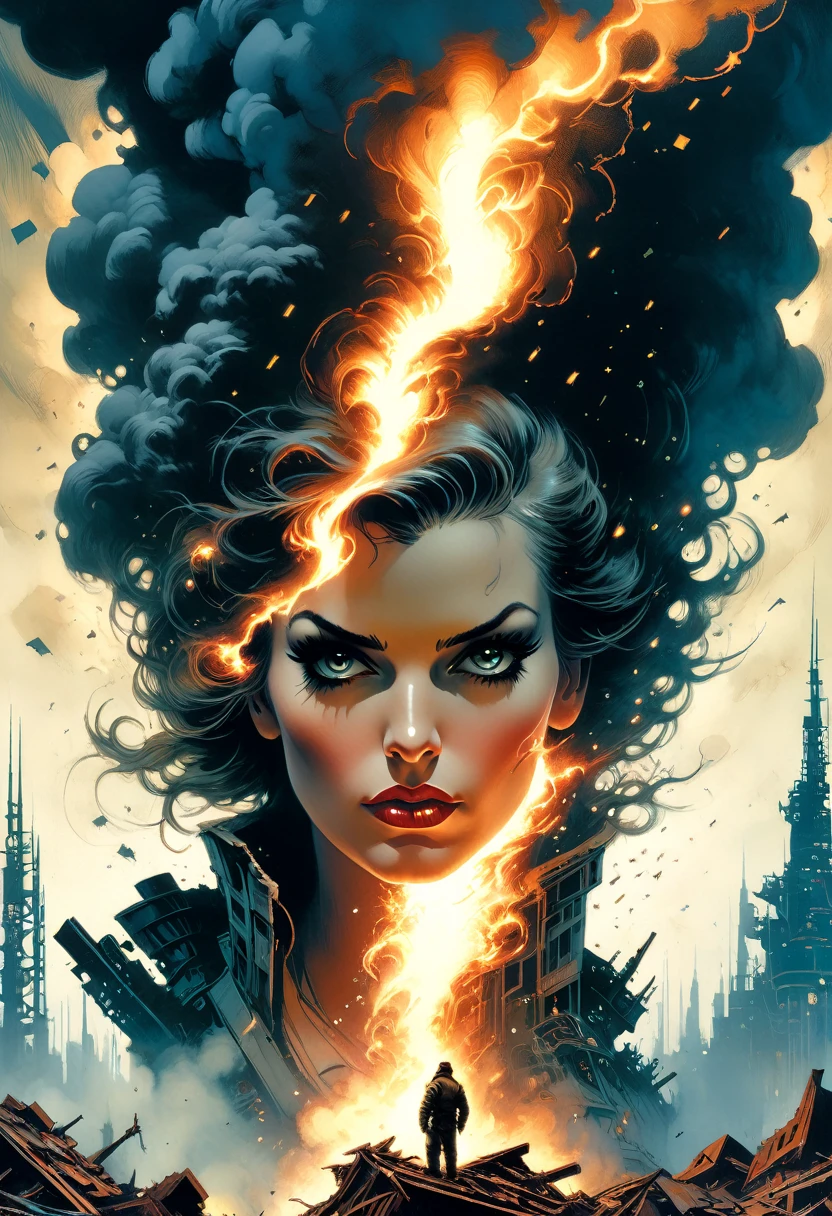 Woman, 39 years old, woman is in the funnel of a tornado and is sucked into the sky by the funnel of a tornado, tornado season, USA , Jim Burns, Norman Rockwell, Alice Pasquini, Conrad Roset, Craig Davison, Luis Royo, , sharp focus, emitting diodes, smoke, artillery, sparks, racks, system unit, motherboard, by pascal blanche rutkowski repin artstation hyperrealism painting concept art of detailed character design matte painting, 4 k resolution blade runner