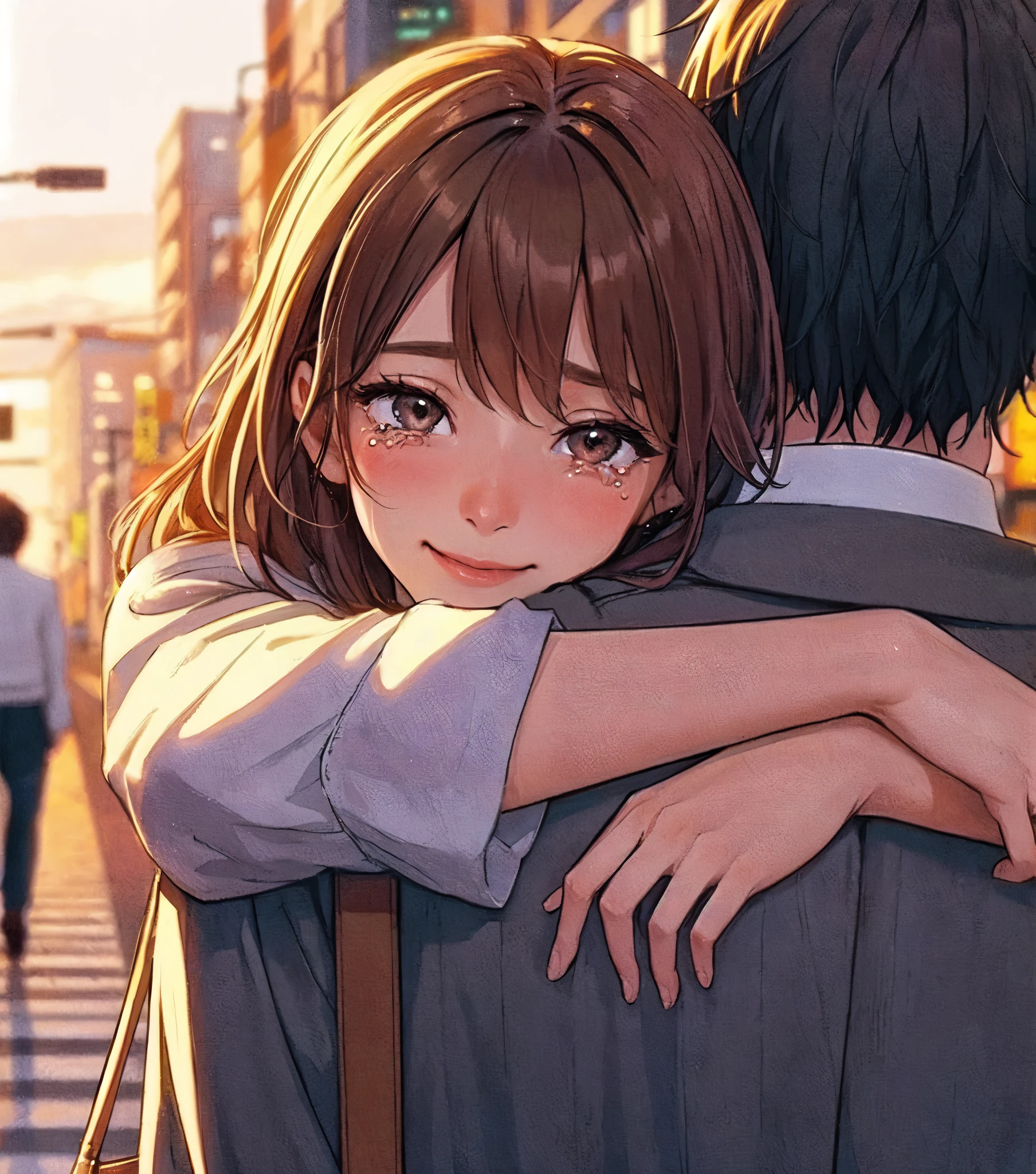 1lady hugging a person, (wrapping arm around back), (stylish outfit), mature female, /(brown hair/), blush happy smile, ((quiet tears:1.1) of joy) (tears on cheek), (moist eyes), (masterpiece best quality:1.2) delicate illustration ultra-detailed BREAK (back of person), (back of head) BREAK /(ordinary street/) outdoors, cityscape, at dusk, detailed background