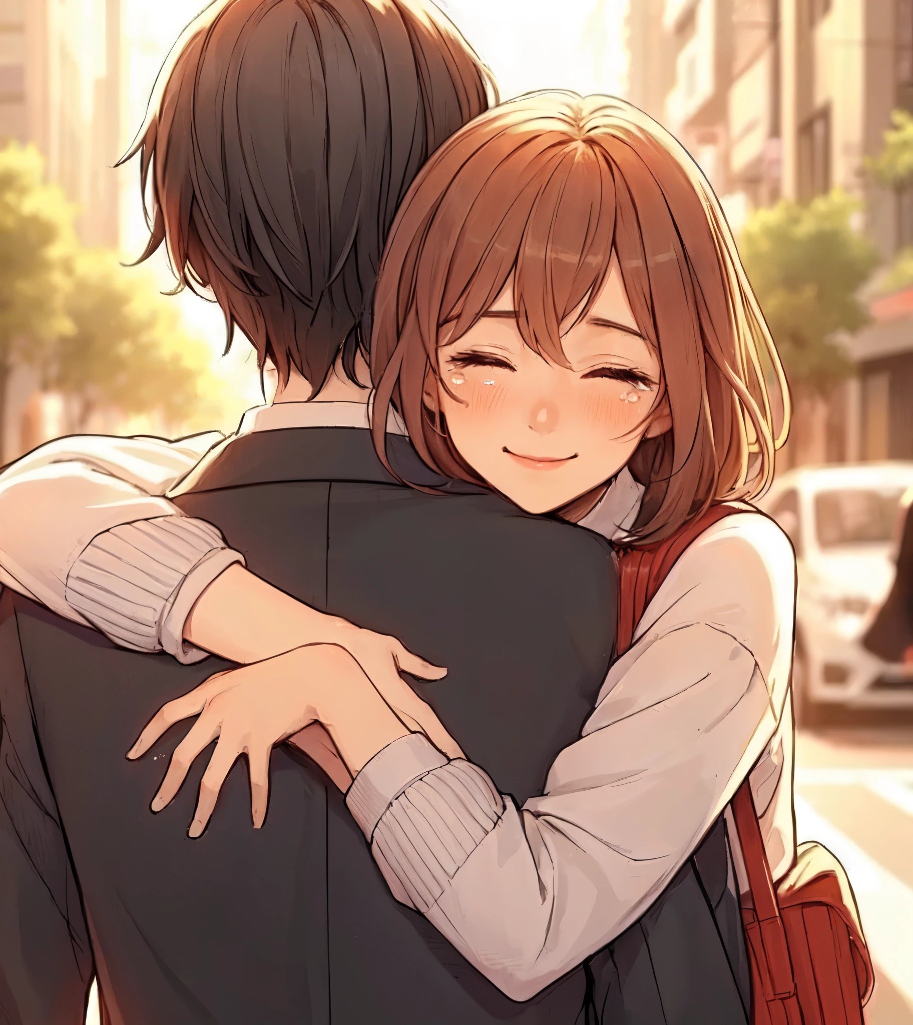 1lady hugging a person, (wrapping arm around back), (stylish outfit), mature female, /(beige brown hair/), blush happy smile (eyes lightly closed:1.1), ((quiet tears:1.1) of joy) (tears on cheek), (masterpiece best quality:1.2) delicate illustration ultra-detailed BREAK (back of person), (back of head) BREAK /(ordinary street/) outdoors, cityscape, at dusk, detailed background