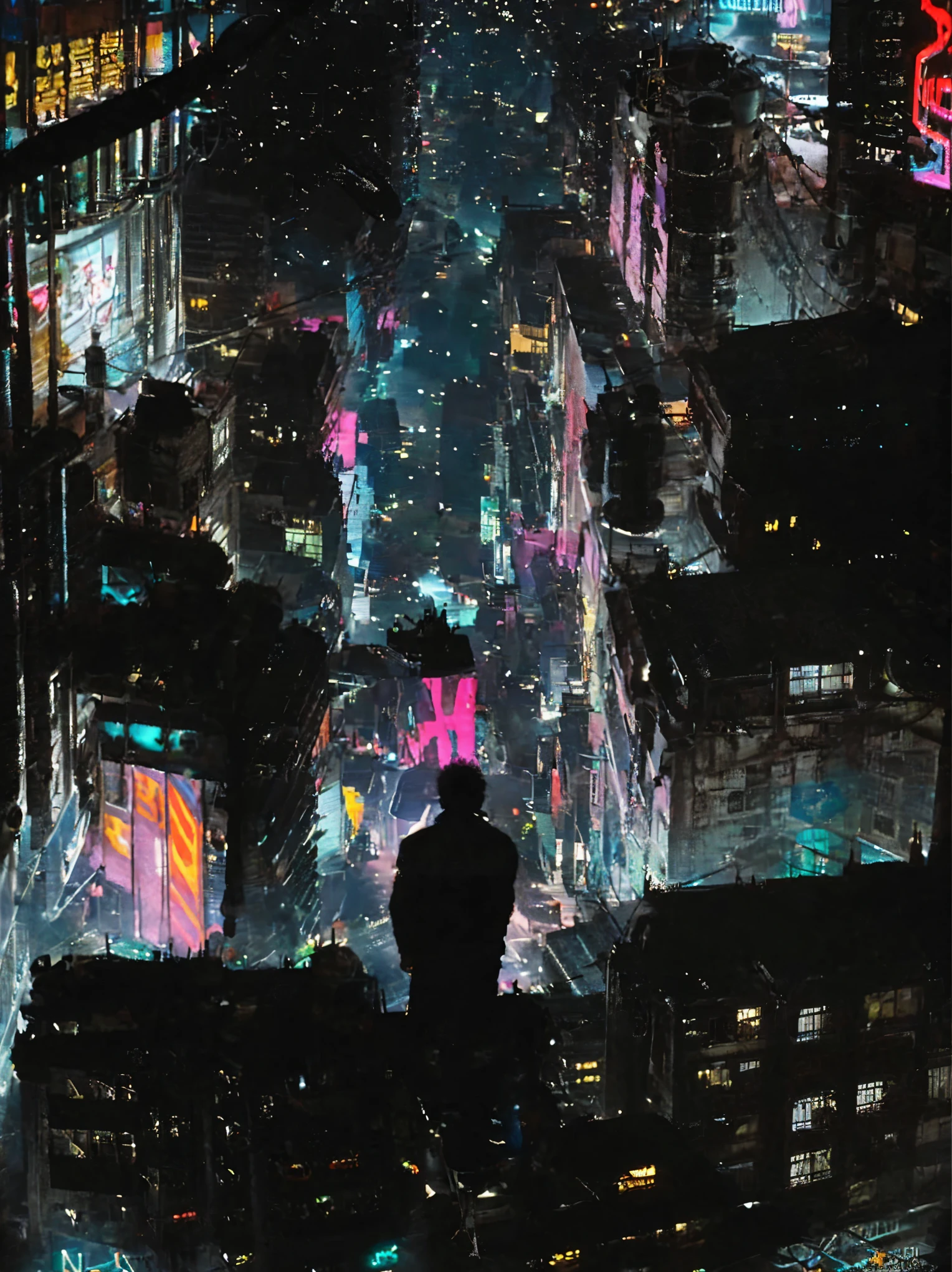 network city，A man stands on a platform in the middle of the street, Cyberpunk Street, In the cyberpunk city, cyberpunk In cyberpunk city, Kowloon Cyberpunk, cyberpunk city streets, cyberpunk blade runner art, Cyberpunk concept art, Cyberpunk themed art, cyberpunk art style, In cyberpunk city, Cyberpunk atmosphere, Cyberpunk night street, Cyberpunk Streets at night, Dirty cyberpunk city