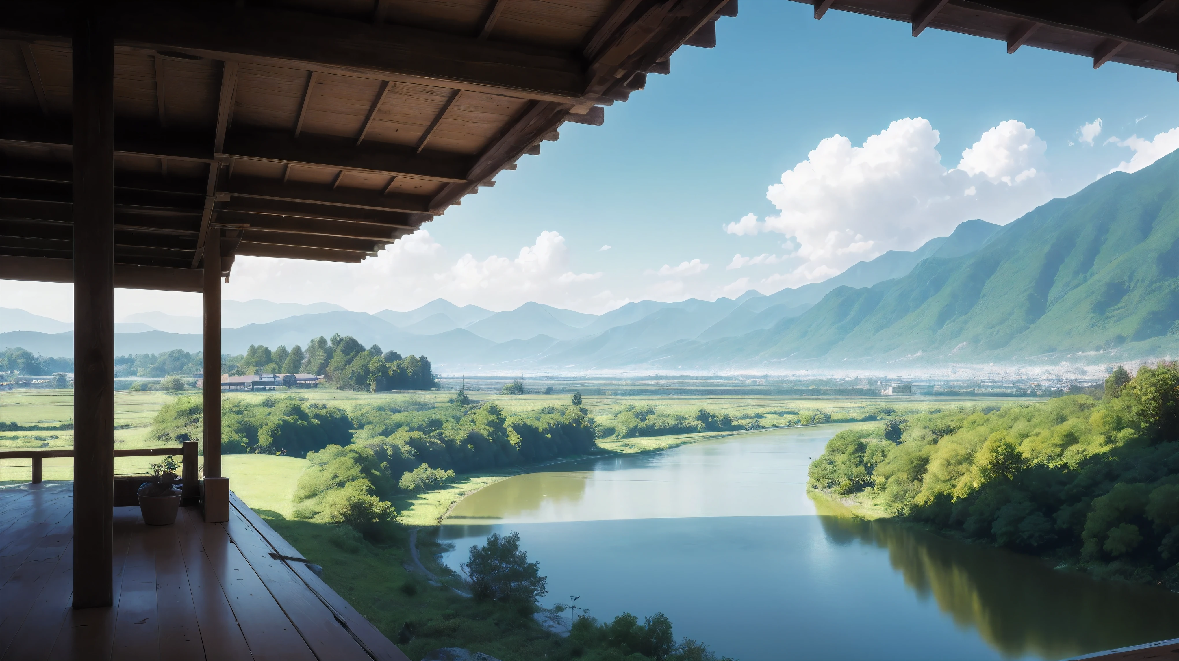 exist,big deal,quiet,,Chinese style,sacrifice,many bungalows,surrounded by mountains,There is a wide river on the left,There are several bridges on the river,After the river is the plain,There is a dense forest on the right,View from the distant mountains,early spring,Sunset,Sunset,fantasy,mystery,Dream,Hayao Miyazaki