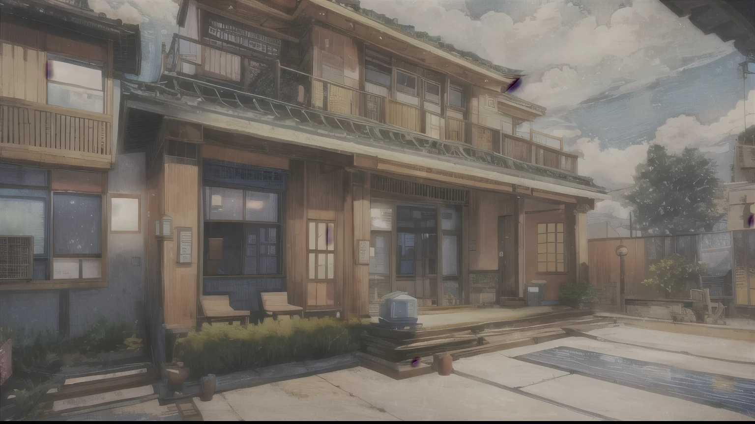 landscape,Homestay, Excellent, Sky, cloud,Weighted line drawing,anime style