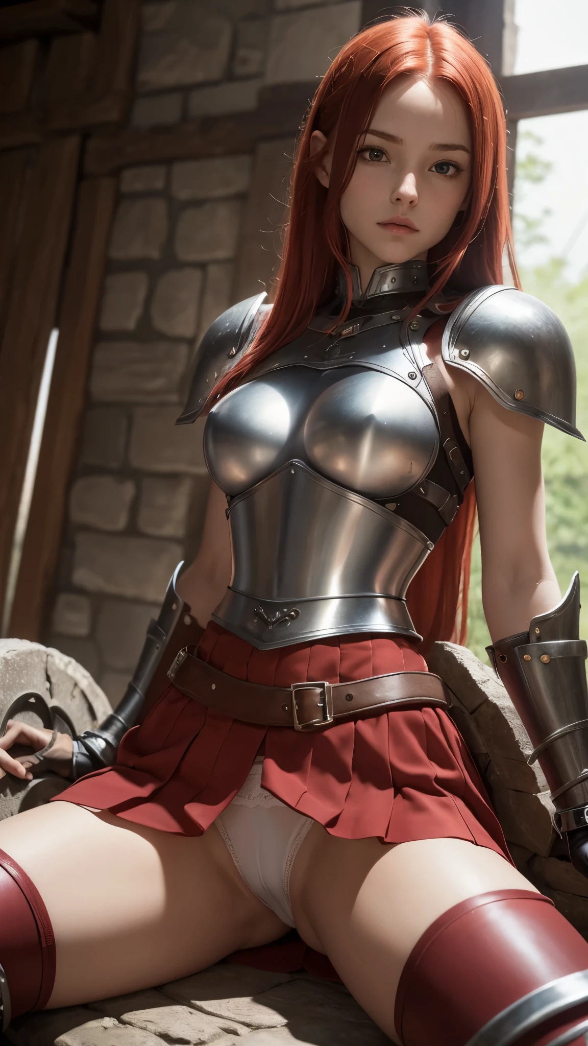 red-haired warrior girl, young girl, 18 years old, pretty girl, pretty face, slim body, slender legs, sitting, spread your legs, front, plate armor, steel breastplate, steel gauntlets, steel gloves, (short red skirt), her panties are showing, (upskirt), tight panties, tiny panties, visible panties, (white panties), you can see her panties, underwear, ((cameltoe) ), medieval fantasy, Dungeons and dragons, RPG character, best quality, (masterpiece), 8k
