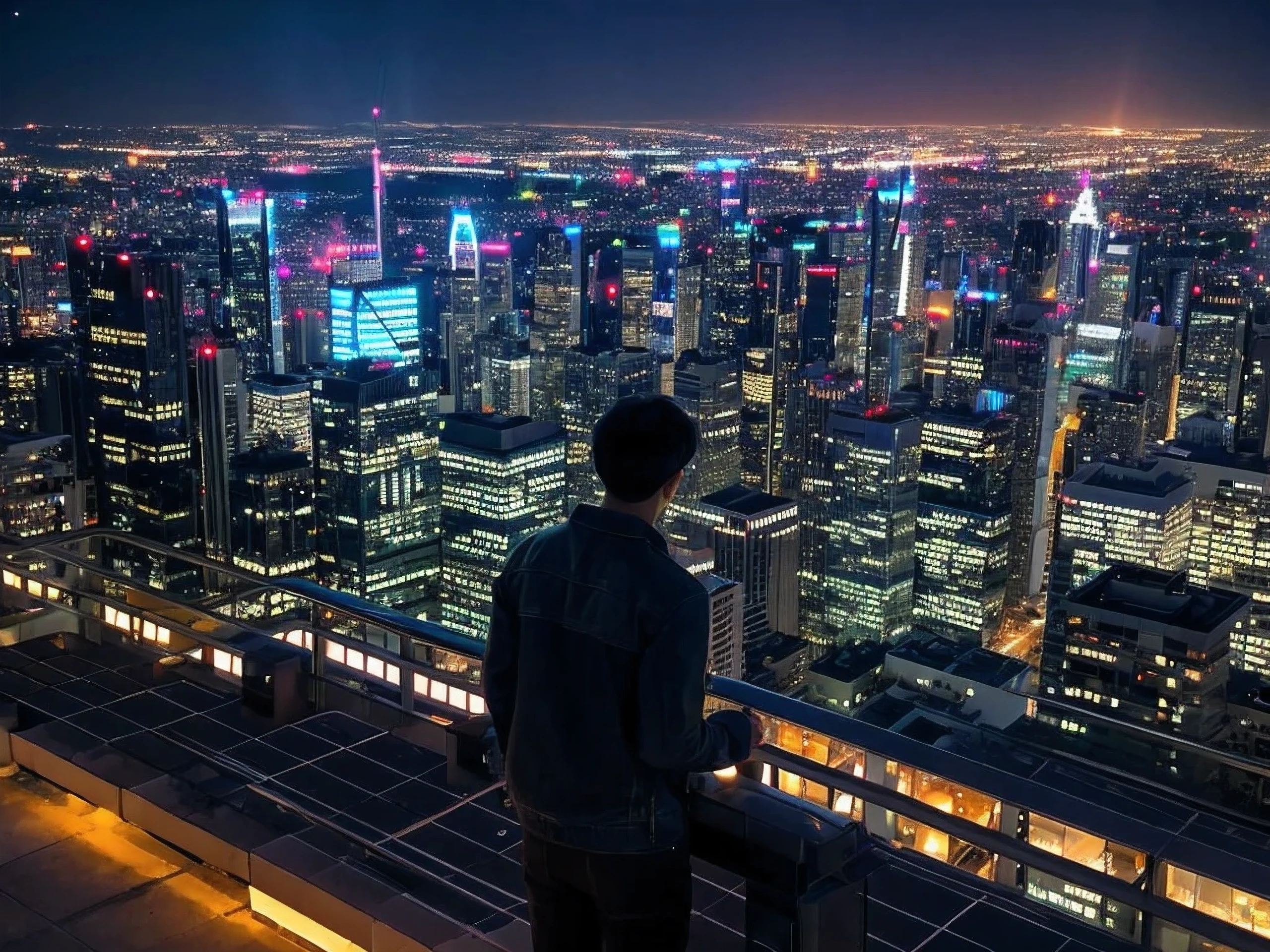 best image quality,Beautiful night cityscape,young man looking,rooftop of skyscraper,
