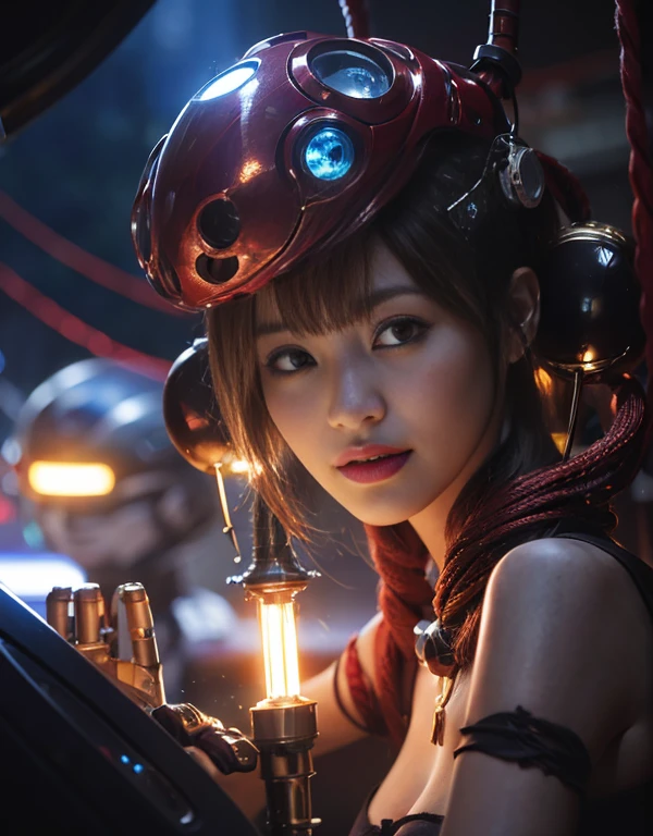 (Skimpy mechanical girl and alien background)、（Mystical expression）、top-quality、​masterpiece、超A high resolution、(Photorealsitic:1.4)、Raw photo、1 girl、glowy skin、(((1 Mechanical Girl)))、（Red Metal Bodysuit）、(Natural alien background to fight aliens)、(Small LED)、((super realistic details))、vertical giant monster background),globalillumination、Shadow、octan render、8K、ultrasharp、Robot background、Colossal tits、Raw skin exposed in the cleavage、red metal、Details of complex ornaments、Japan details、highly intricate detail、Realistic light、(Mystical expression),CG Society Trenlow Eyes、Eyes shining towards the camera、Mechanical marginal blood vessels connected to neon detail tubes)、(Wires and cables connecting to the head)、Small LED、,Mechanical thighs、Toostock、（Hands are also made of machines）、robot、future alien、Please wear a mechanical helmet、