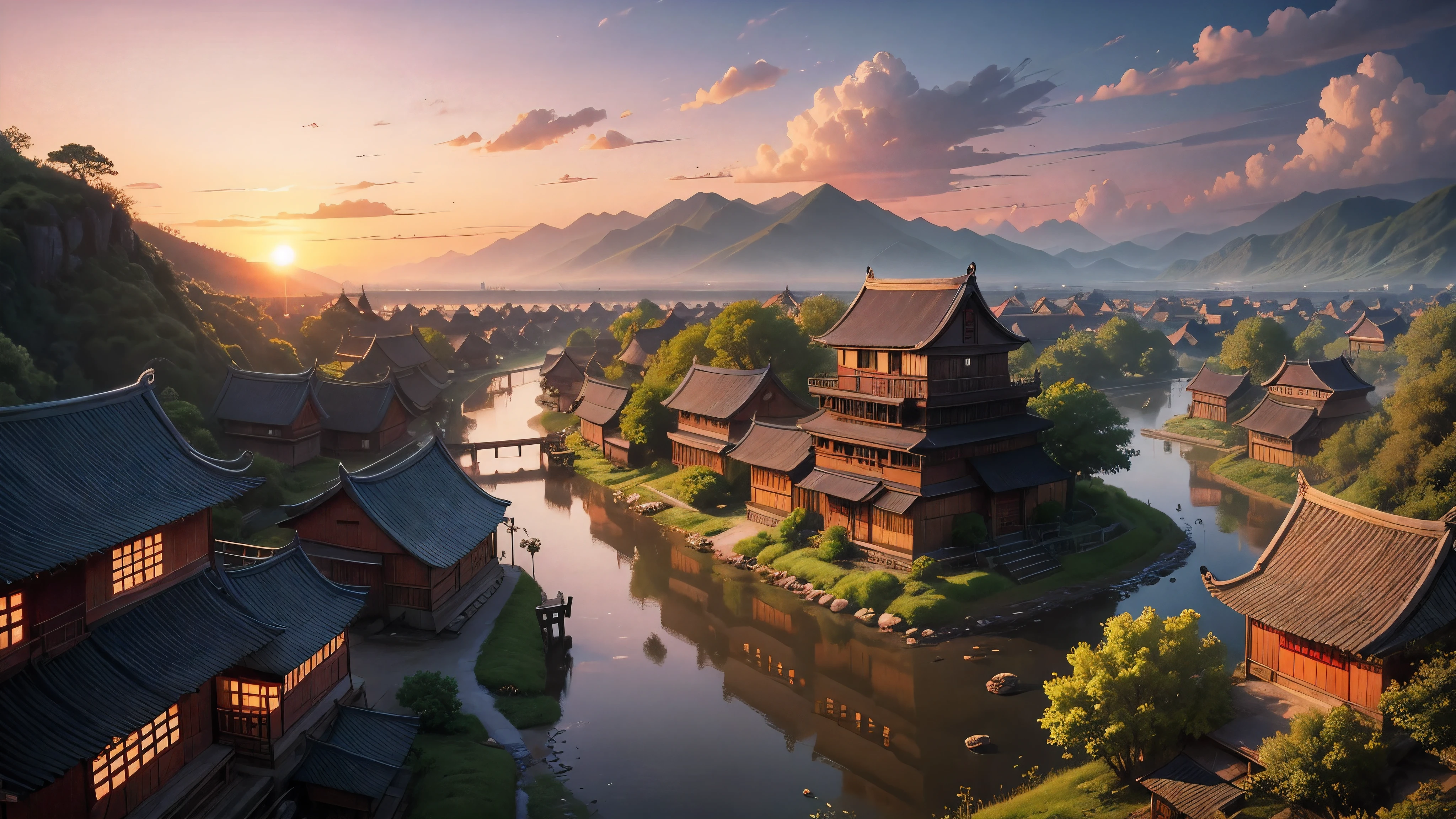 village,Chinese style,Sunset,Hayao Miyazaki