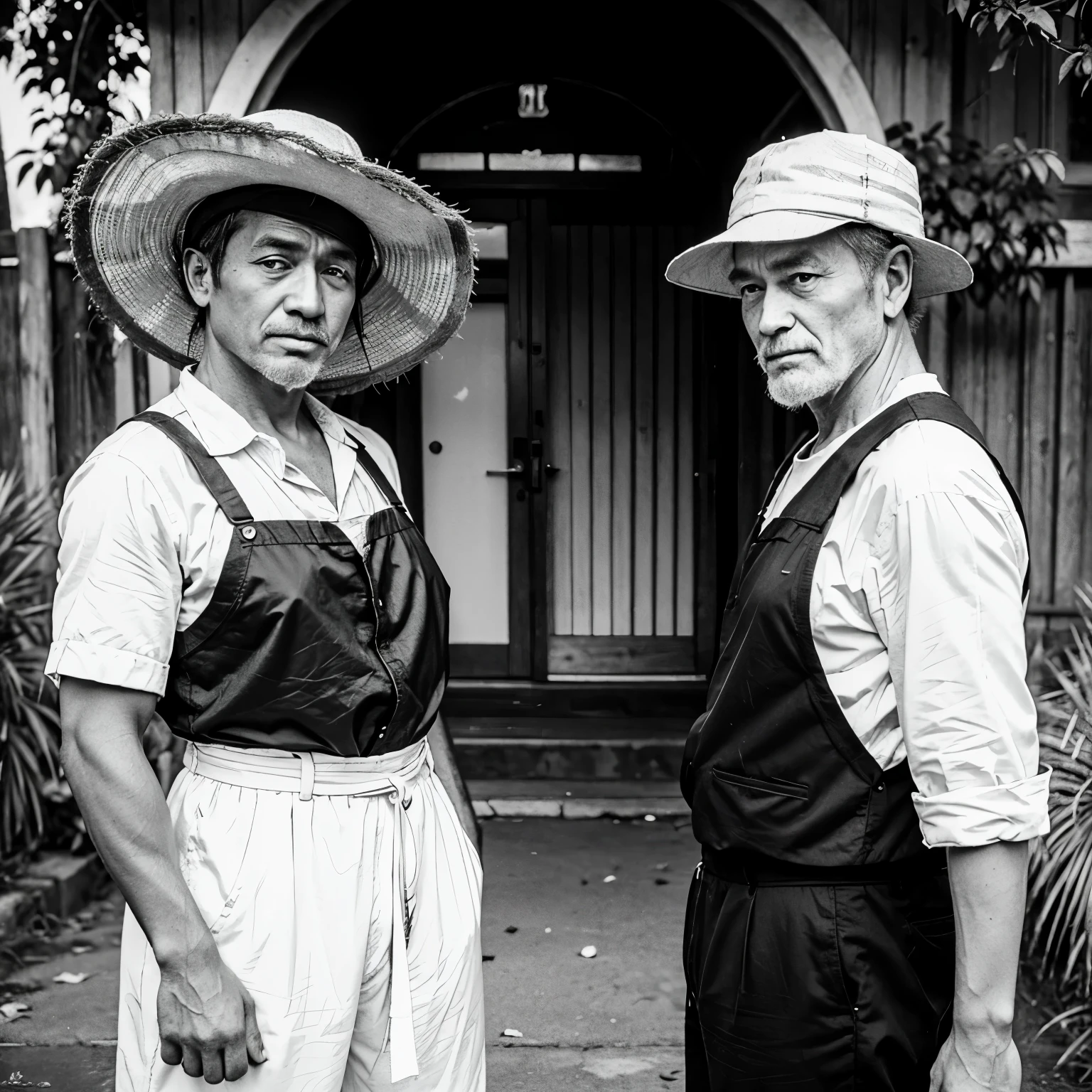 high quality (black and white anime manga) a old man wearing a farmers strawhat looking at his younger self