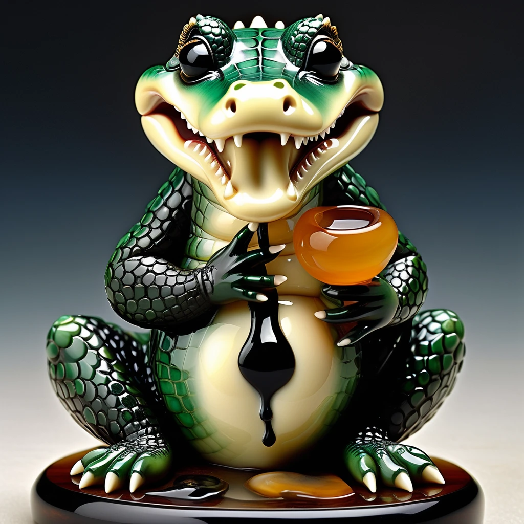 Adult crocodile crying depicted in the iconic style of Gil Elvgren, clutching an Ivory, black agate. jade. amber. netsuke figurine, crying over spilt milk, artwork by Jasmine Becket-Griffith crafted to perfection, Four - leaf clover . surrealfloaters, studio setting provides sharp focus on the fairy figure, hyperrealistic textures, 32k resolution highlighting every minutiae, intricate details visible on the figurine embraced, photorealistic, 32k resolution. ultra-detailed, breathtaking surreal masterpiece. High Resolution, High Quality, Masterpiece.best quality, masterpiece, super detail