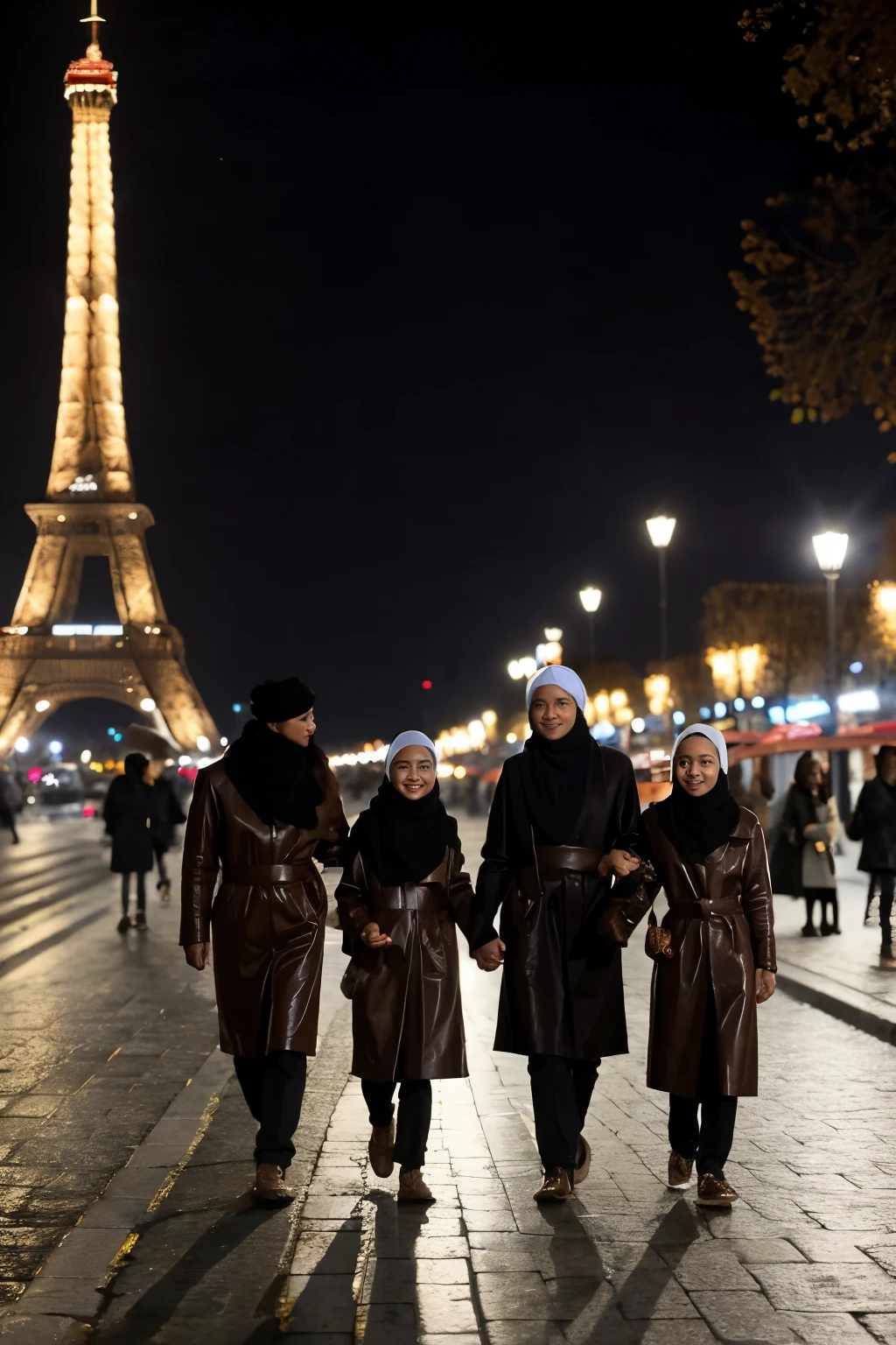 one indonesian family, clean face, father and mother wearing black and brown leather coats, wearing hijab, one girl aged 10 years, one girl aged 1 year 7 months, wearing hijab, snow rain, each other holding a paper cup glass coffee, celebrate new year, walking in paris street road during winter, eiffel tower background, midnight feel, photo realistic, dept of field, very detailed,