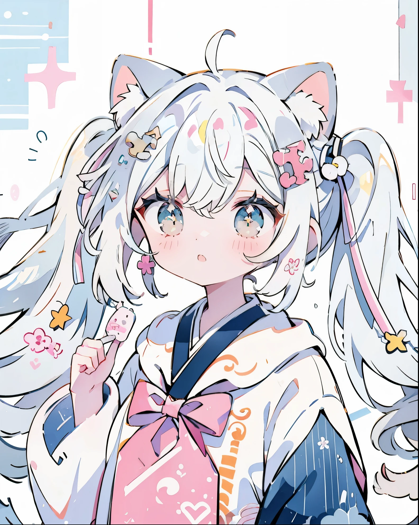 masutepiece、Masterpiece、high-level image quality、8K、kawaii(Twin-tailed、Twin tails at high)White hair、White eyes、snowy background、White coat、White muffler、White ears、Fox ears、((cat white ears))Furfur tail(The upper part of the body、)(((yuki)))