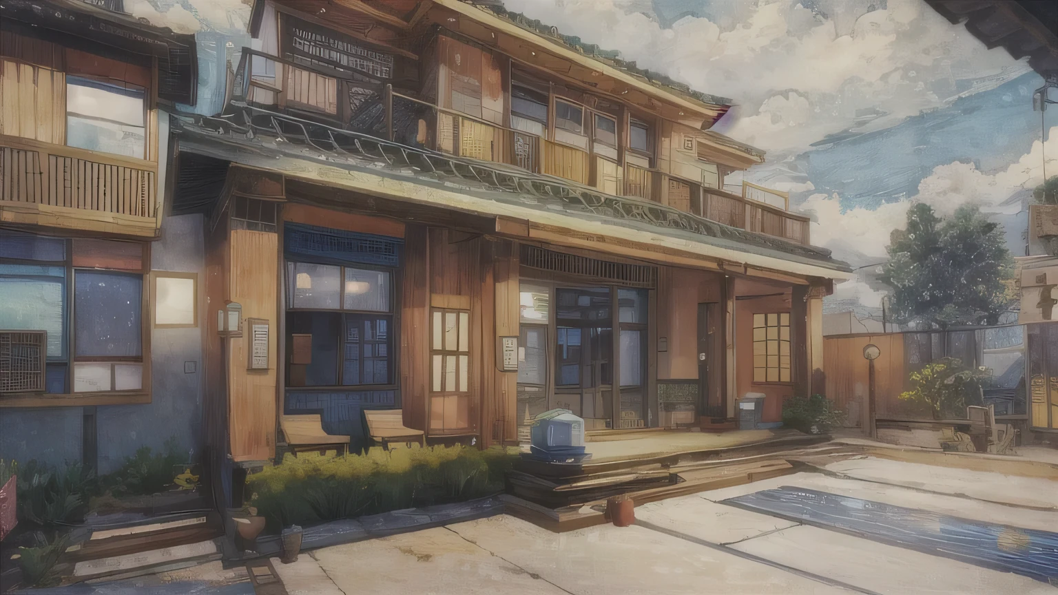 landscape,Homestay, Excellent, Sky, cloud，weighted line chart，anime style
