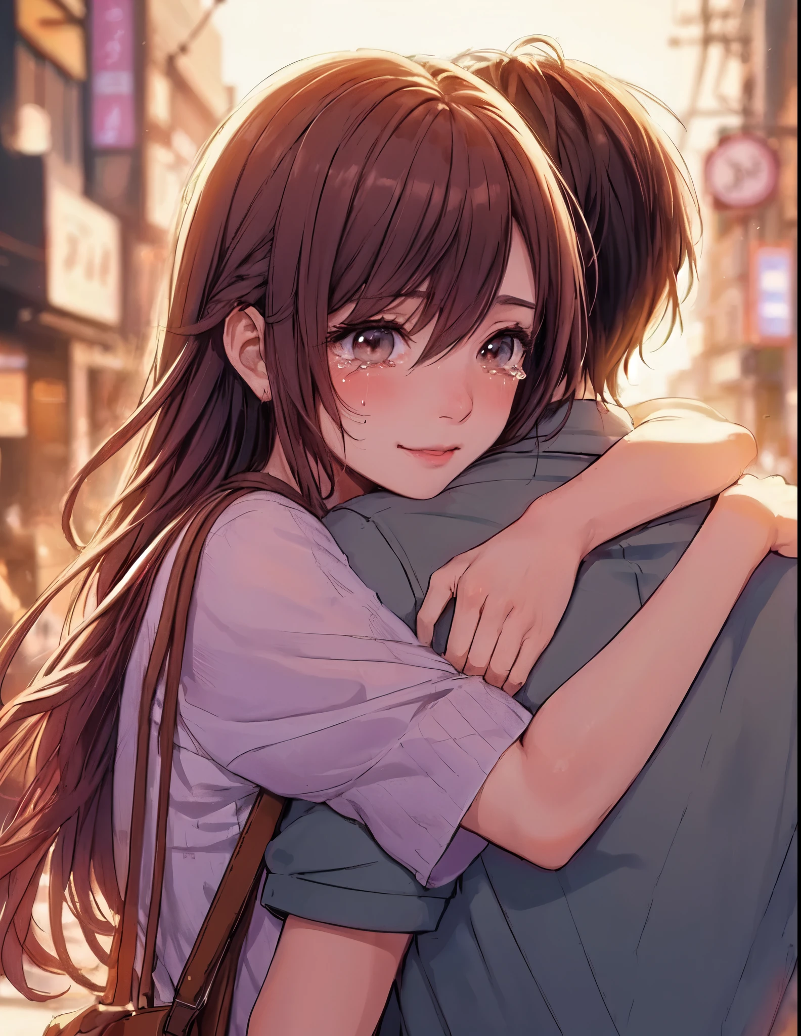 1lady hugging a person, (wrapping arm around back), (stylish outfit), mature female, /(brown hair/), blush happy smile, ((quiet tears:1.1) of joy) (tears on cheek) white line, (moist eyes), (masterpiece best quality:1.2) delicate illustration ultra-detailed BREAK (back of person), (back of head) BREAK /(ordinary street/) outdoors, cityscape, at dusk, detailed background