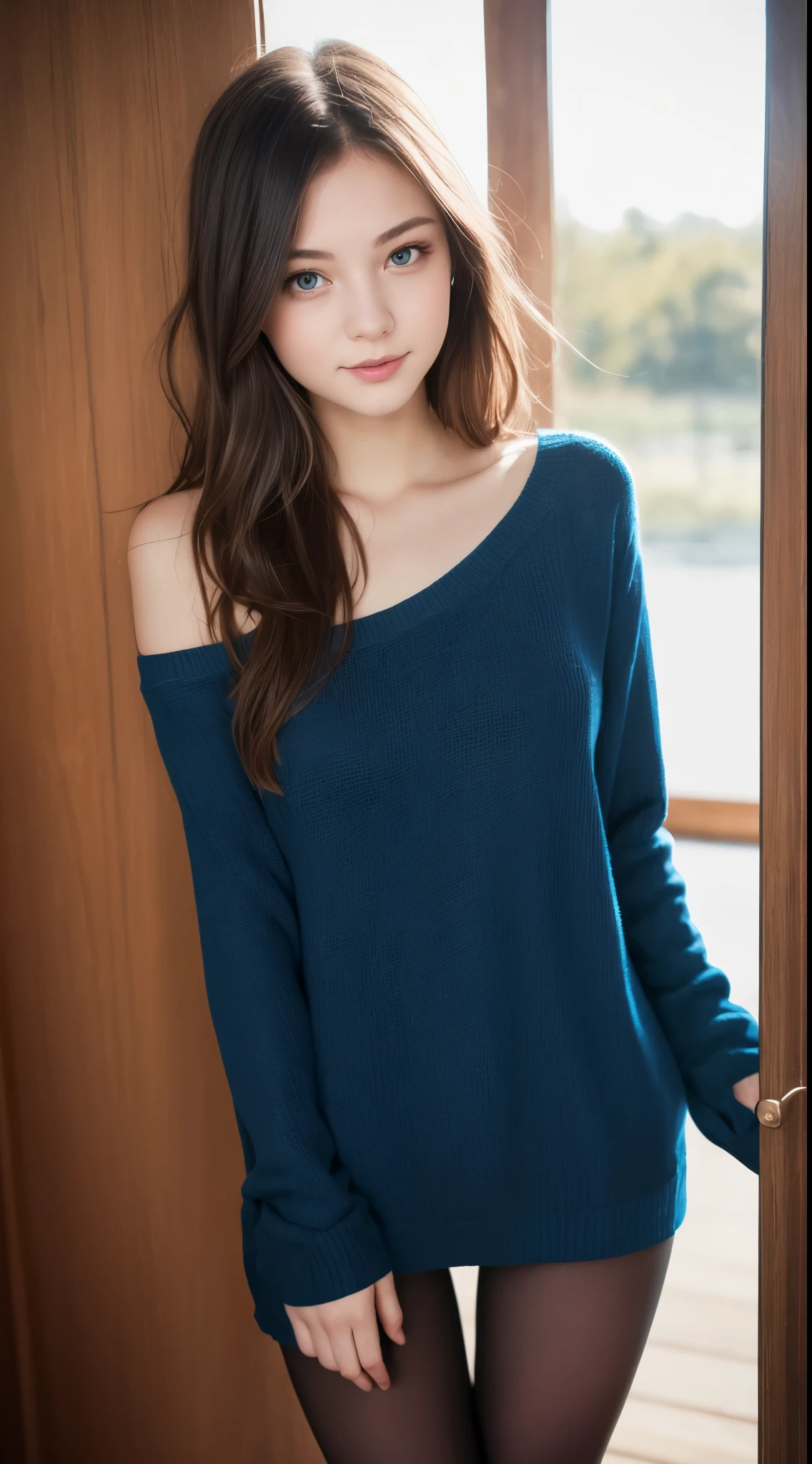 ulzzang-6500-v1.1, (Raw photo:1.2), (Photoreal), (See-through:1.3), (genuine: 1.4), 驚異的な美しさのrussian girl、very beautiful blonde blonde、ocean blue eye, 、height 154cm、small、smile of shame、wearing a loose sweater、wearing a loose sweater、show your shoulders、clavicle、(smallパンティーを履いてください)、(wearing pantyhose,realistic pantyhose)、while opening the door、russian model, russian girl, Neat and clean Russian woman, russian goddess, Raw photo, (In 8K、highest quality、masterpiece:1.2)、(intricate details:1.4)、(Photoreal:1.4)、octane rendering、Ultra-detailed complex 3D renderings, soft light in the studio, rim light, vivid details, super detail, realistic skin texture, Surface details, Beautiful eyes in every detail, Highly detailed CG Unity 16k wallpaper, compensate, (detailed background:1.2), shiny skin、exposed thighs!!!、