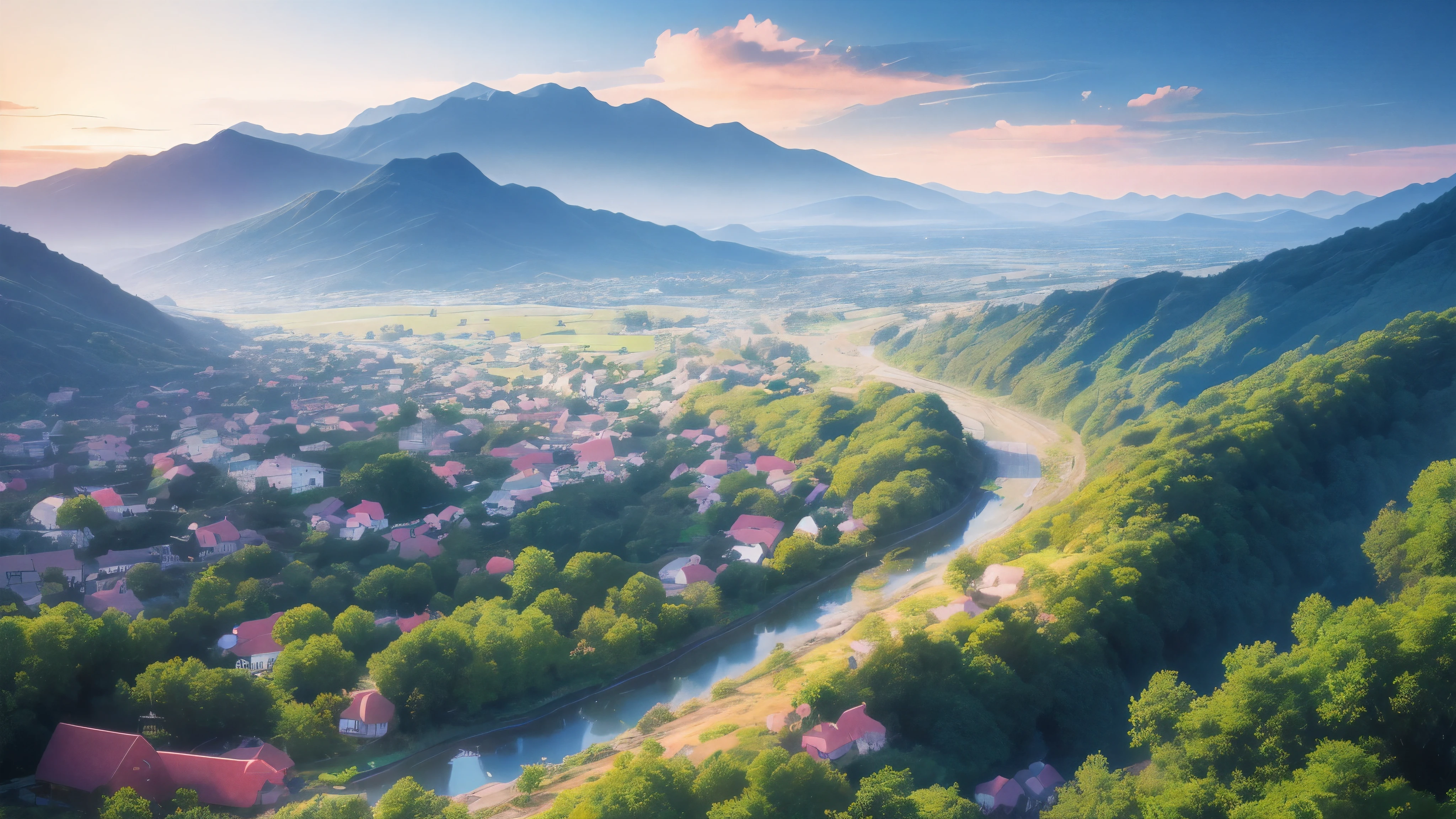 exist，big deal，quiet，Modern，A lot of houses，surrounded by mountains，exist左边有一条江河，There are several bridges on the river，After the river is the plain，There is a forest on the right，View from the mountain，early spring，Sunset，fantasy，mystery，Dream，Hayao Miyazaki