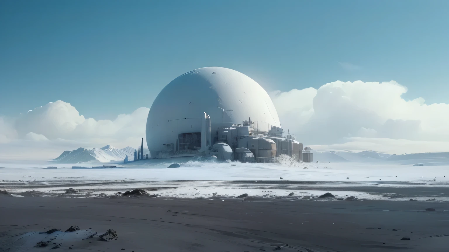 There is a huge white dome in the center of the snowfield, Art style of Philip Hodas, Hoth planet, Industrial Future Ice Mine, Concept Art Wallpaper 4K, Concept Art 8K, 8K high-detail concept art, Highly realistic concept art, Mysterious sci-fi concept art, concept art 4k, concept art 4k