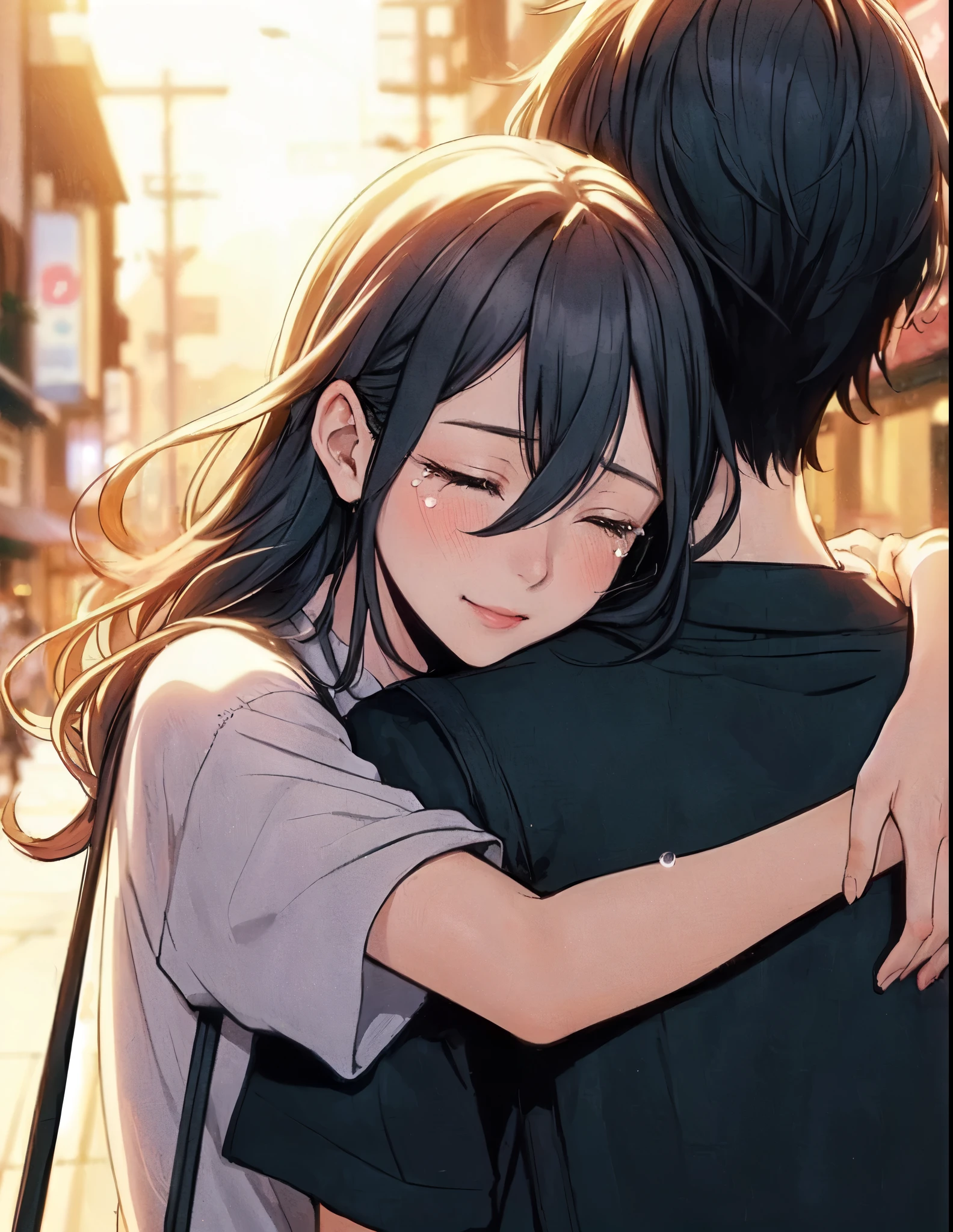 1lady hugging a person, (wrapping arm around back), (stylish outfit), mature female, /(black hair/), blush happy smile (eyes lightly closed:1.1), ((quiet tears:1.1) of joy) (tears on cheek), (masterpiece best quality:1.2) delicate illustration ultra-detailed BREAK (back of person), (back of head) BREAK /(ordinary street/) outdoors, cityscape, at dusk, detailed background